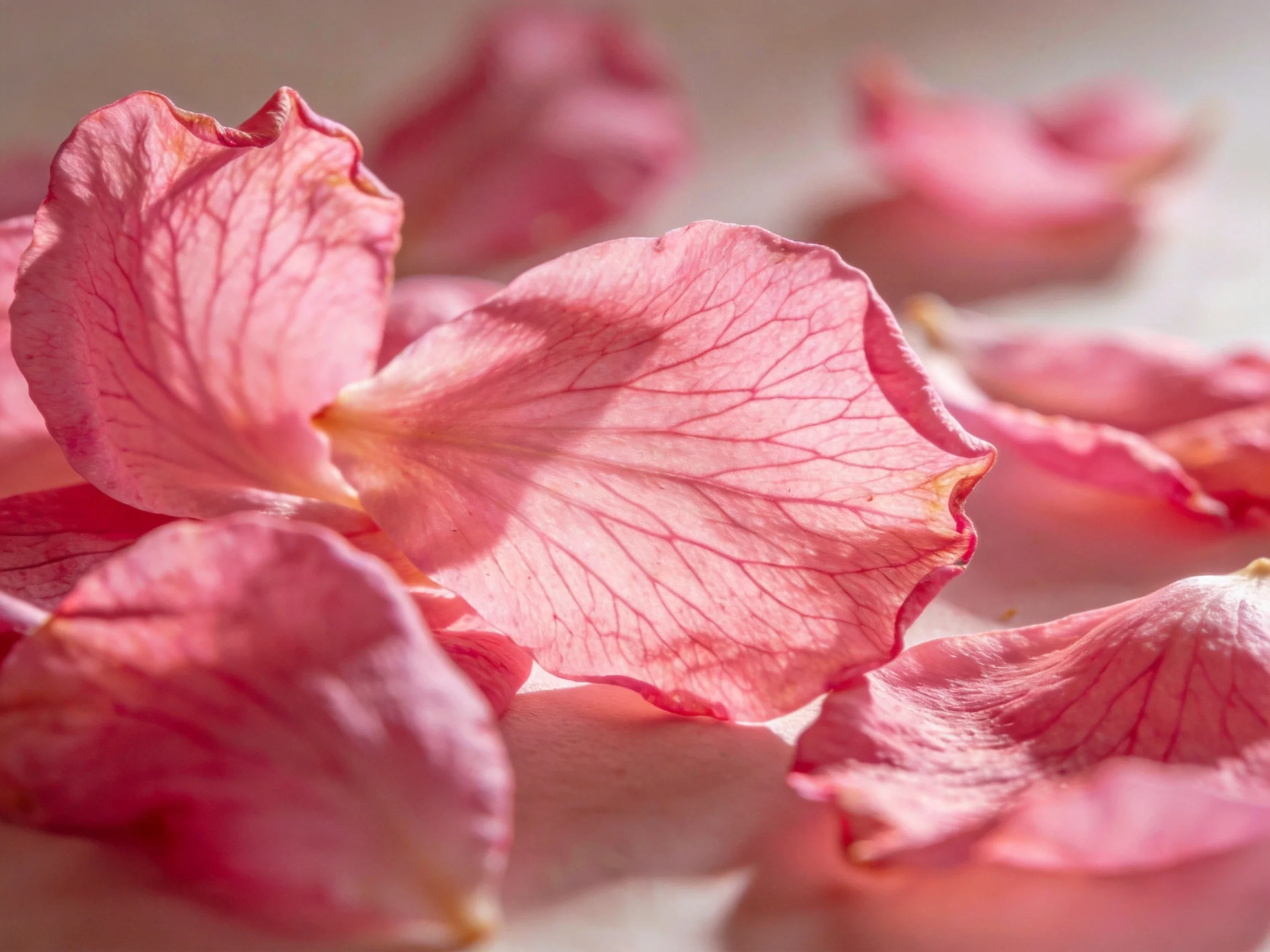 Scattered pink rose petals with prominent petal veining