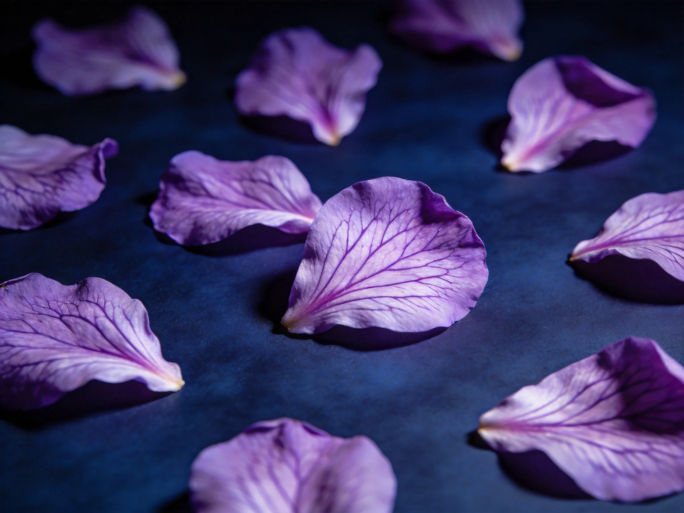 Scattered purple rose petals arranged on a dark blue backdrop