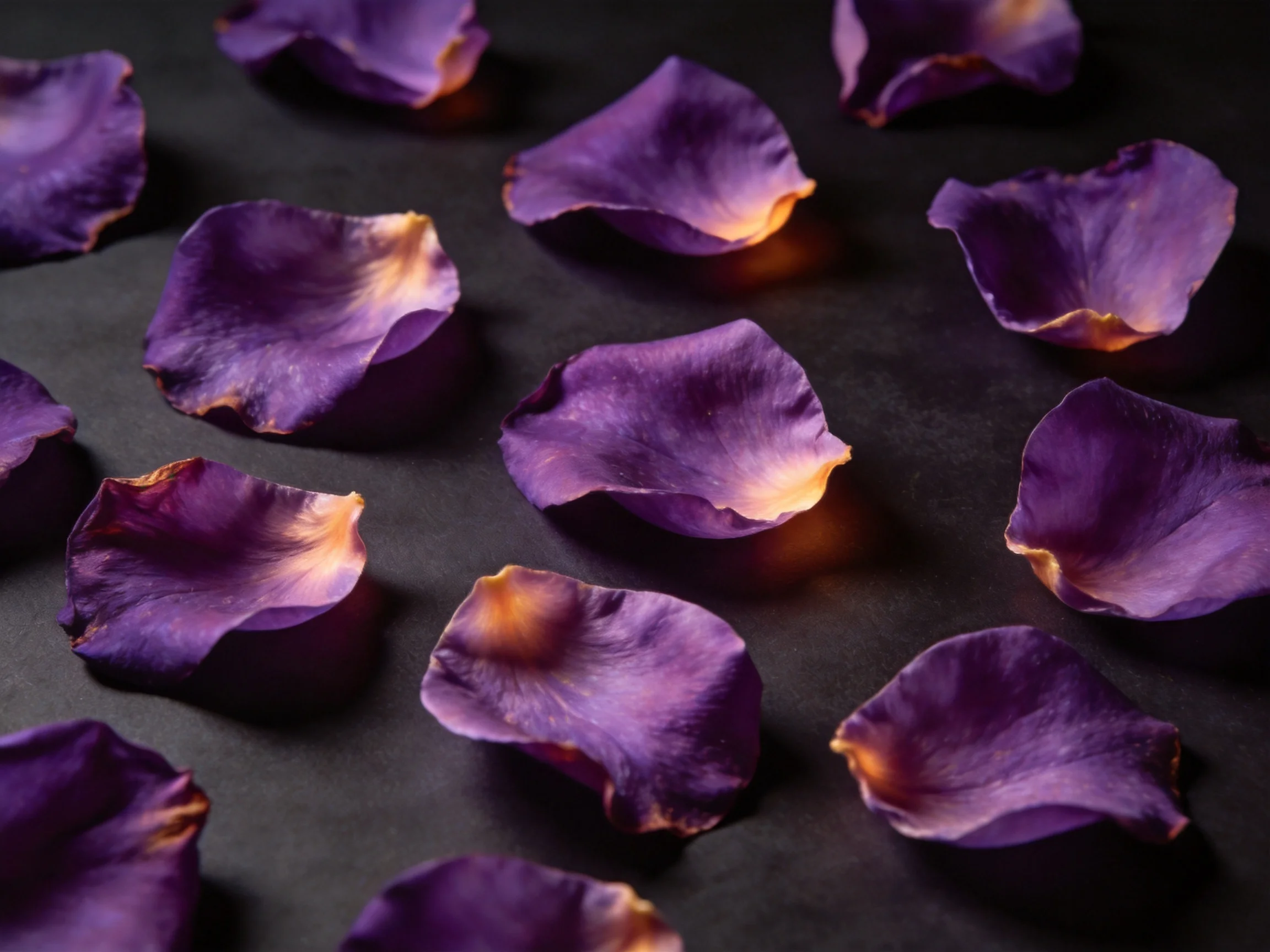 Scattered purple rose petals on a dark textured surface