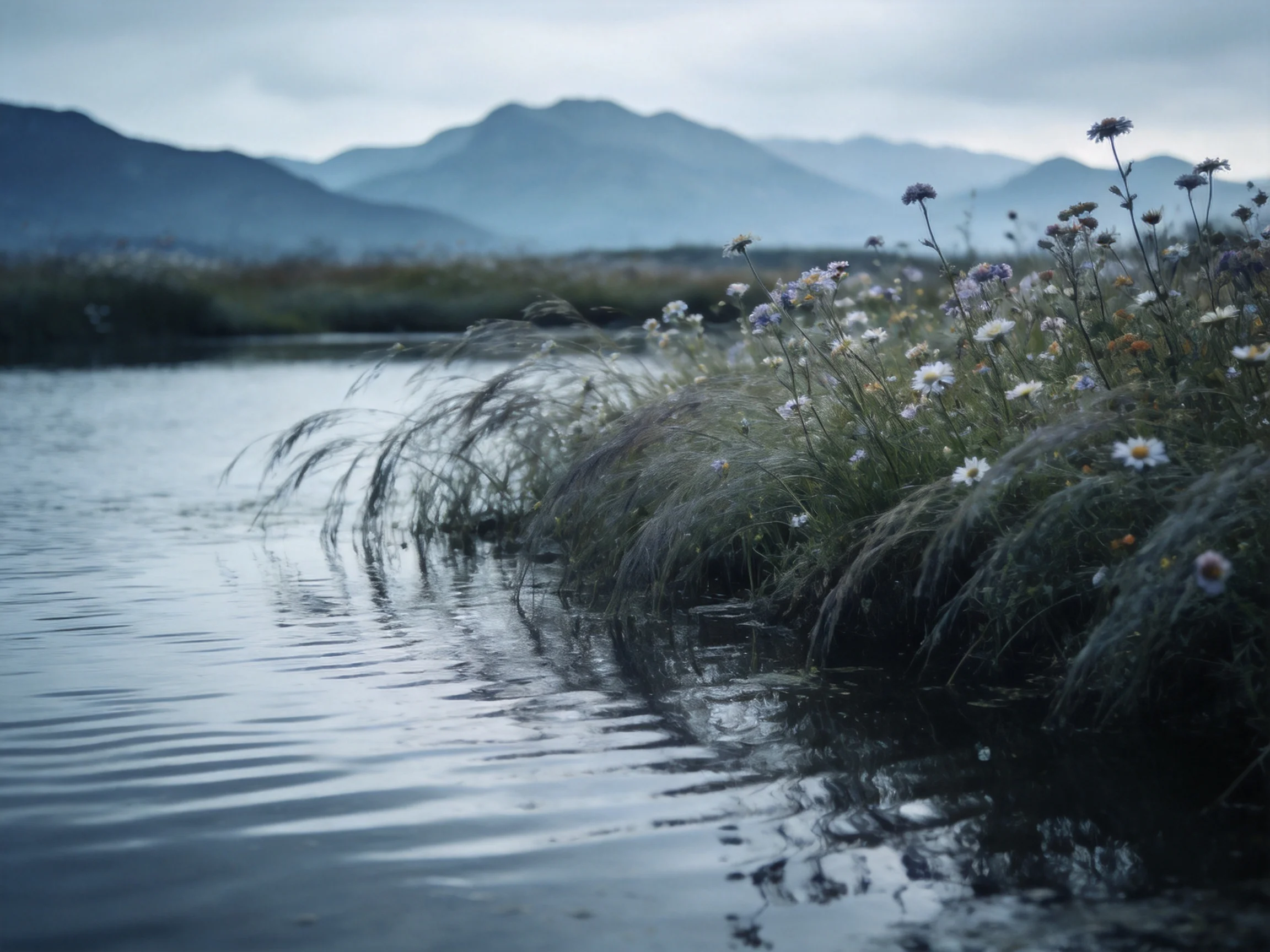 Serene landscape with calm water, wildflowers, and misty mountains