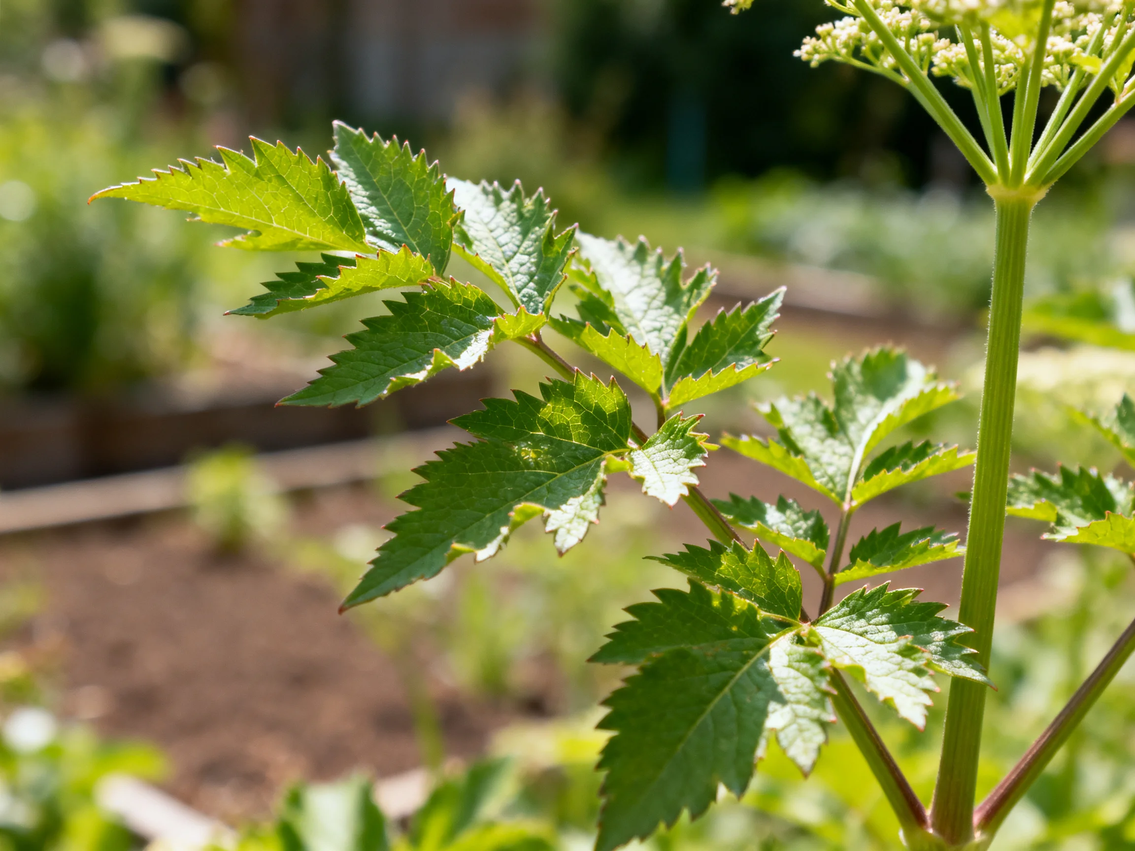 Serrated green leaves of a tall plant in a sunlit garden