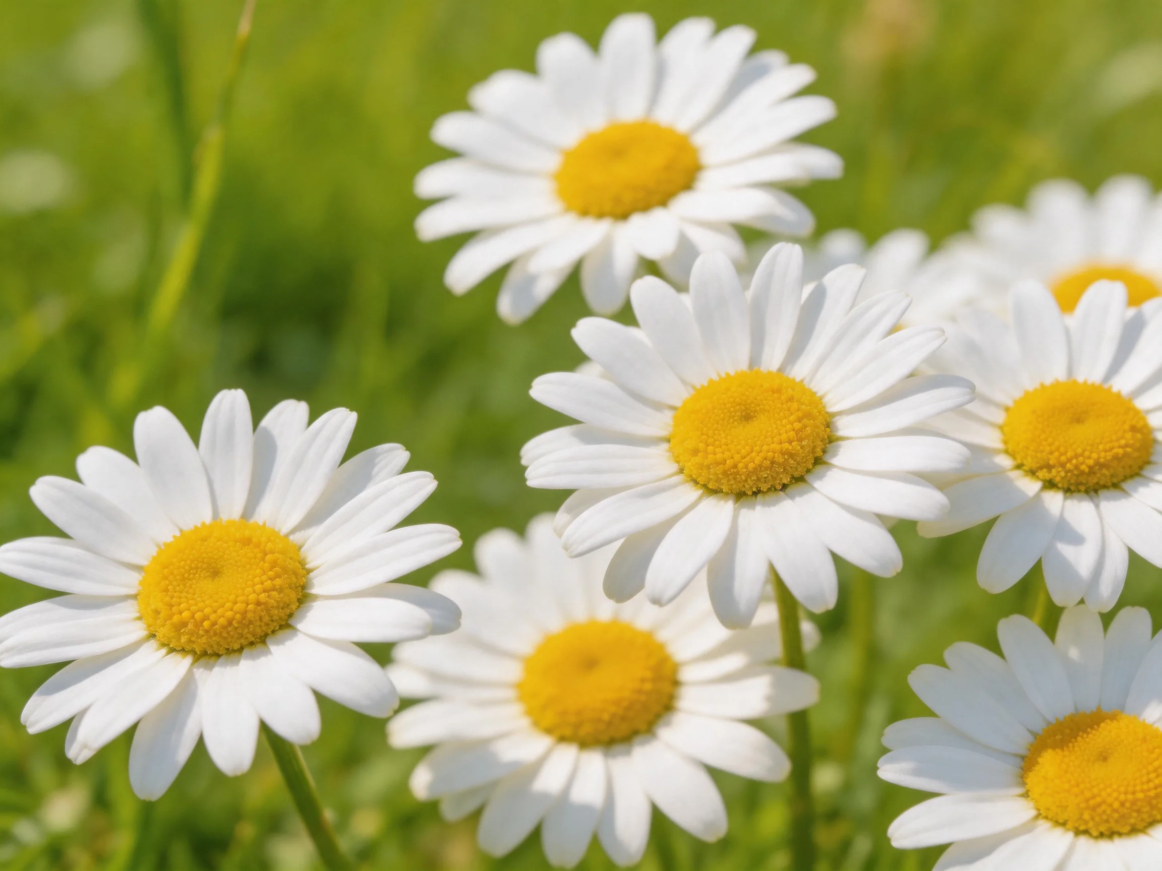 Seven daisies with white petals and yellow centers in a green meadow