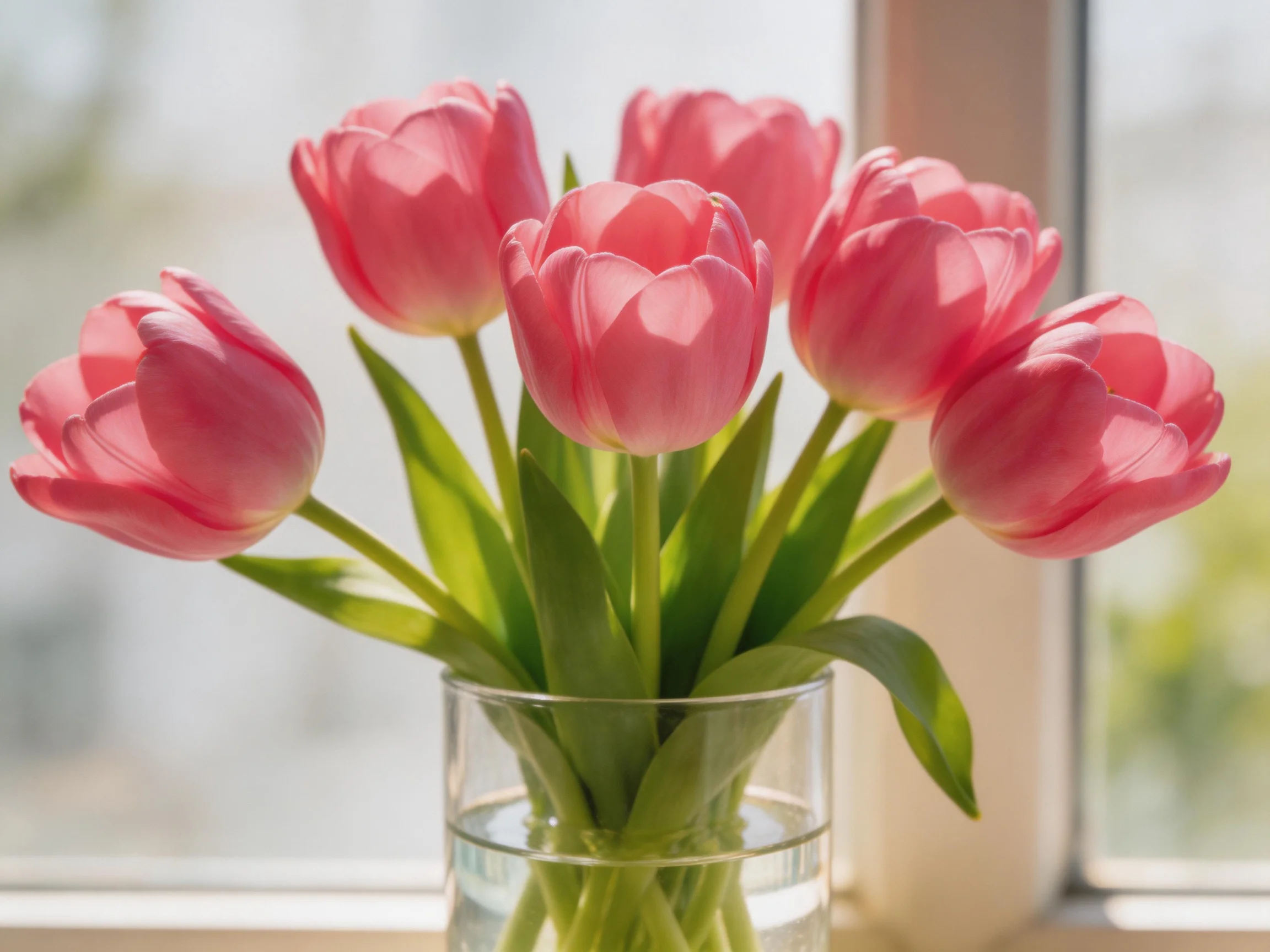 Seven pink tulips arranged in a clear glass vase near a window