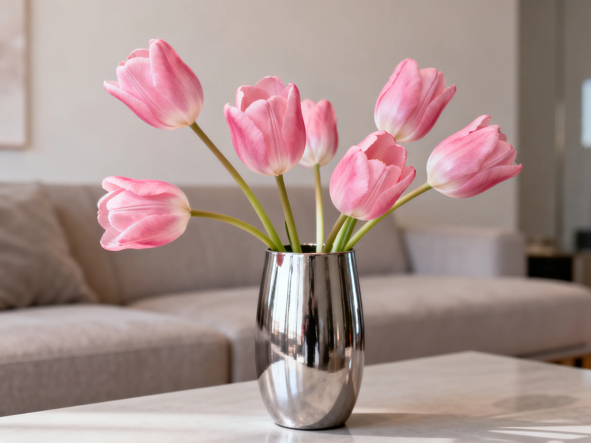 Seven pink tulips in a metallic silver vase on a table