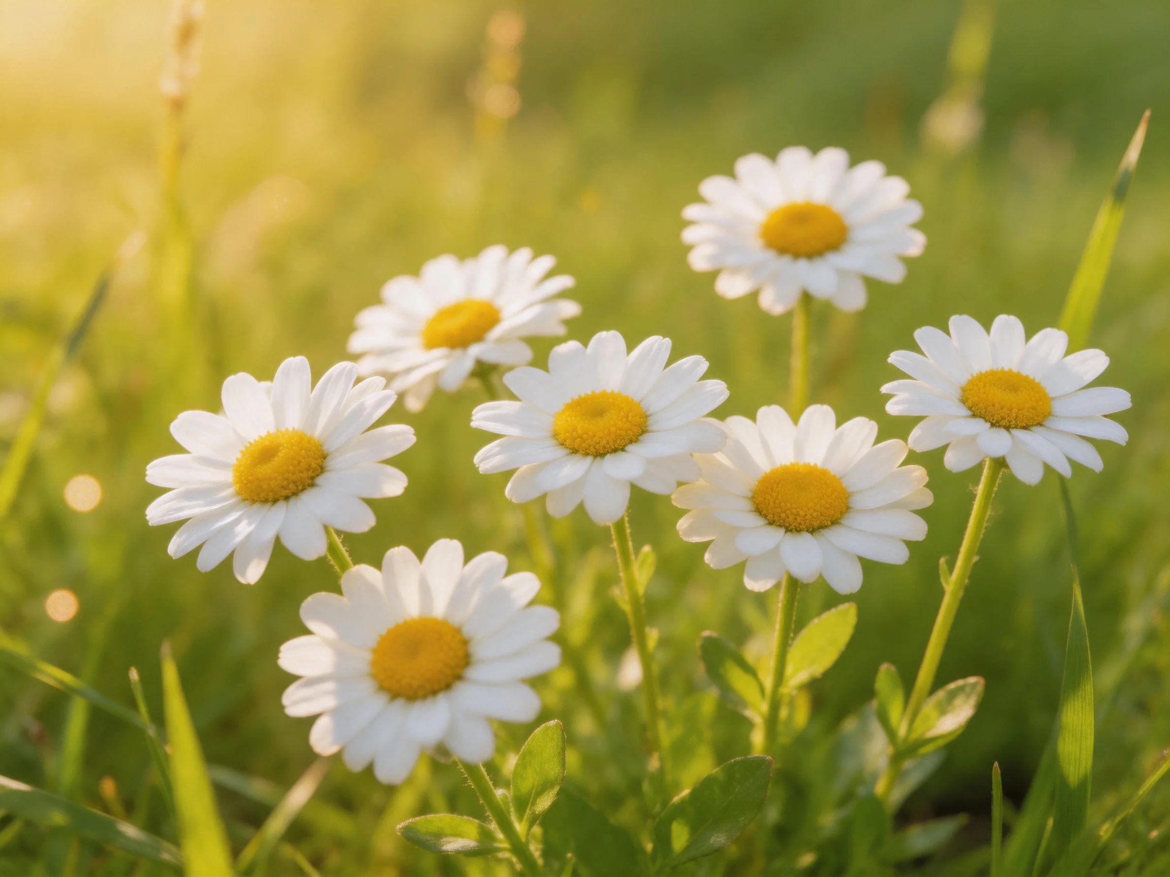 Seven white daisies with bright yellow centers bloom among lush green grass