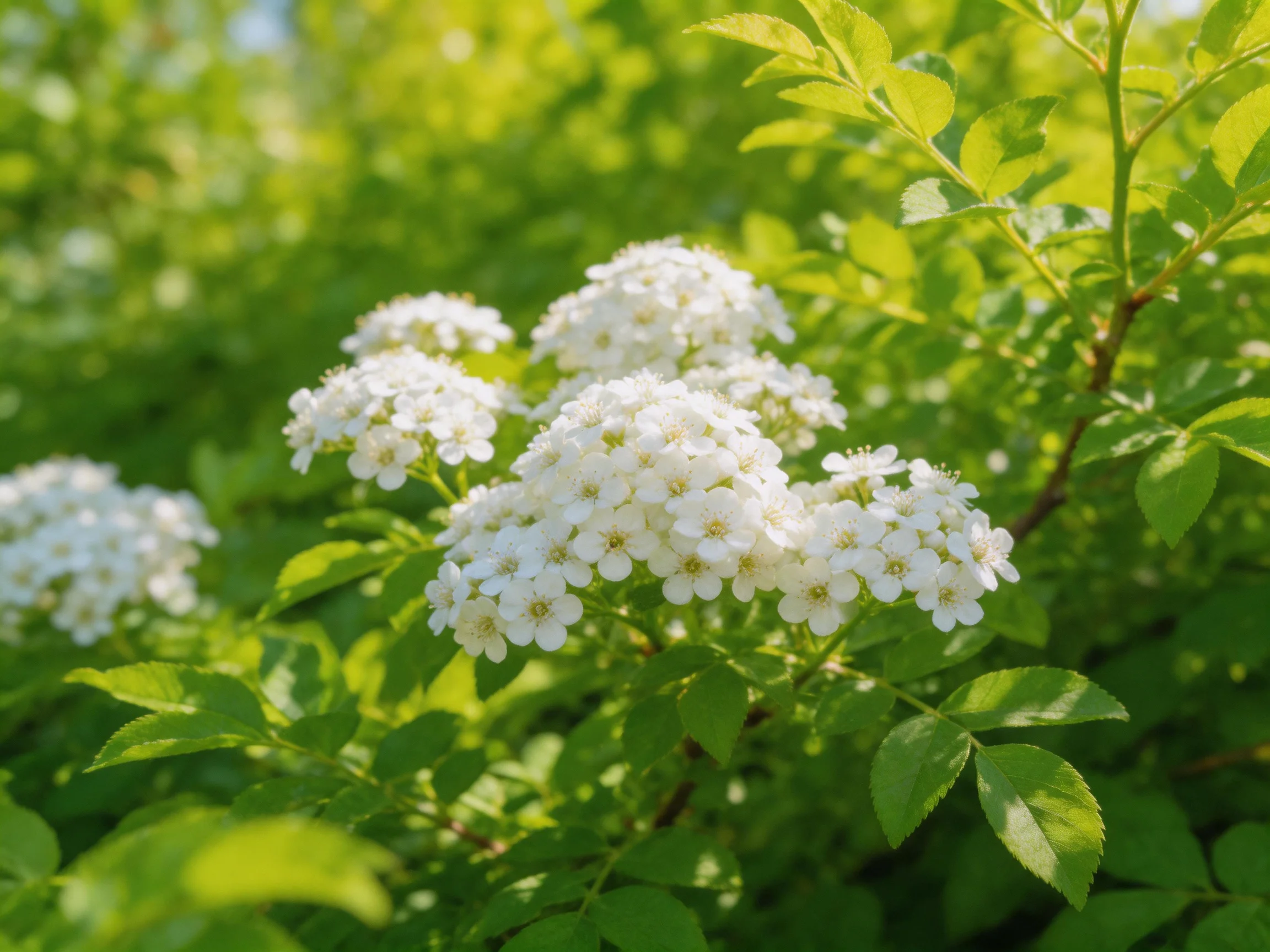 Several clusters of small white flowers amid lush green foliage