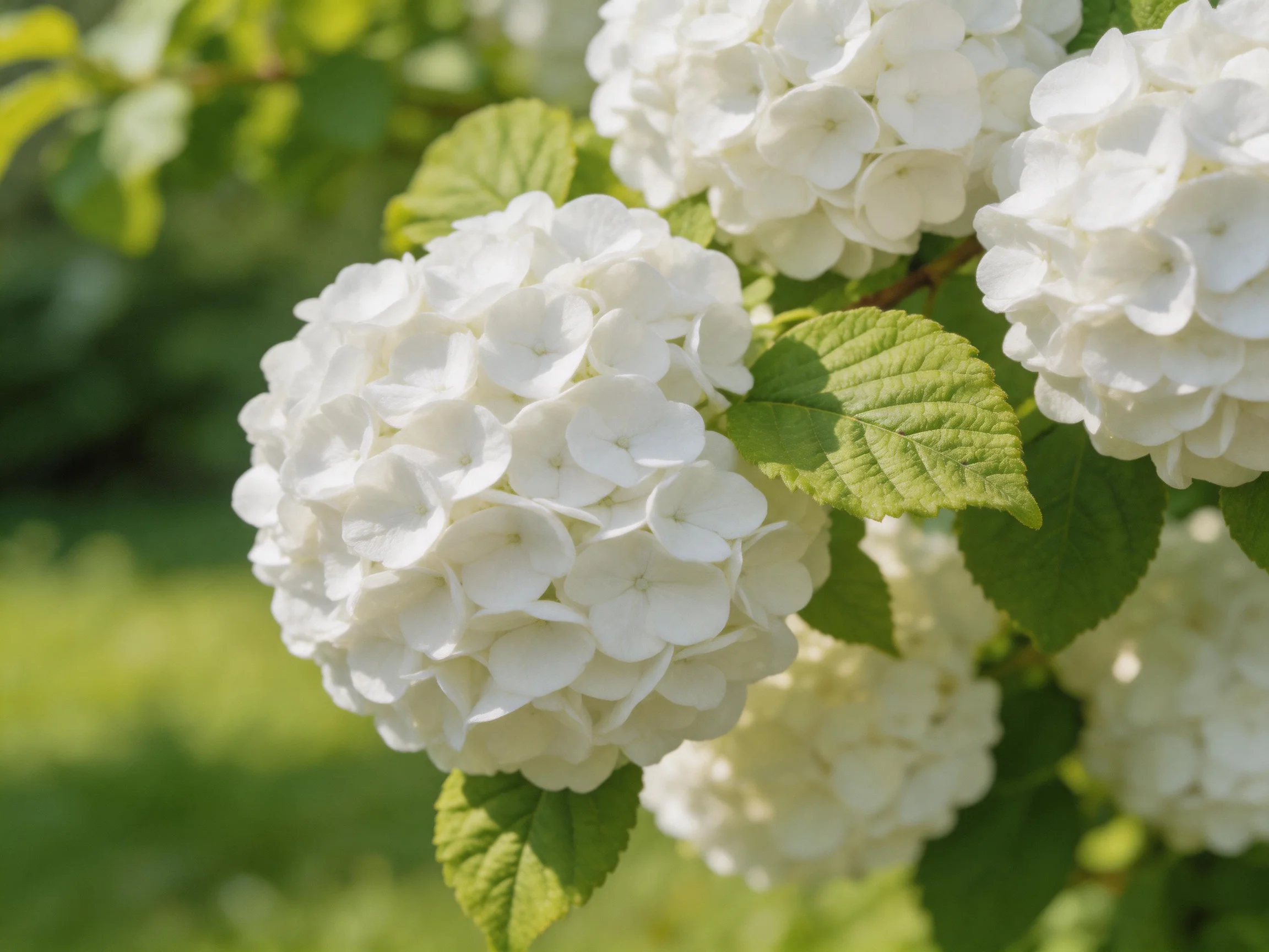 Several clusters of white hydrangea blooms surrounded by green leaves