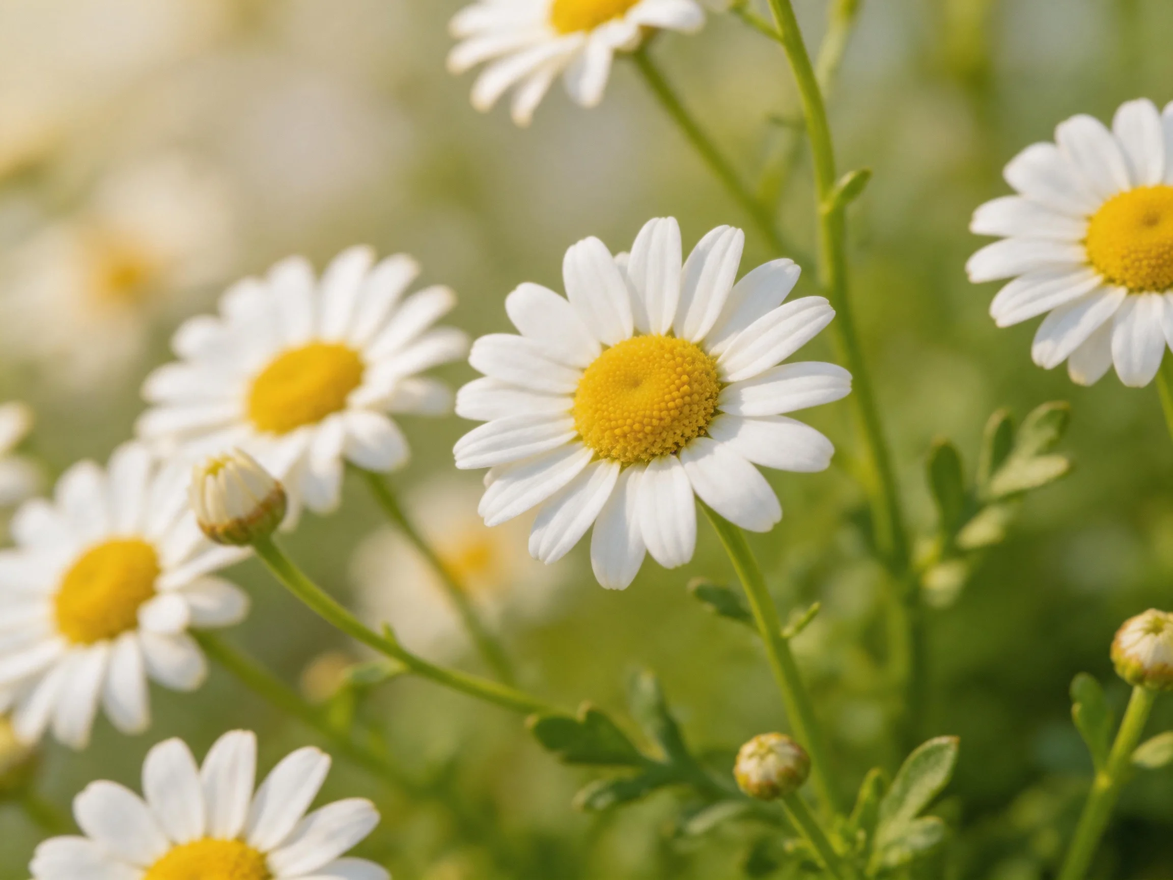 Several daisies with white petals and yellow centers among green stems