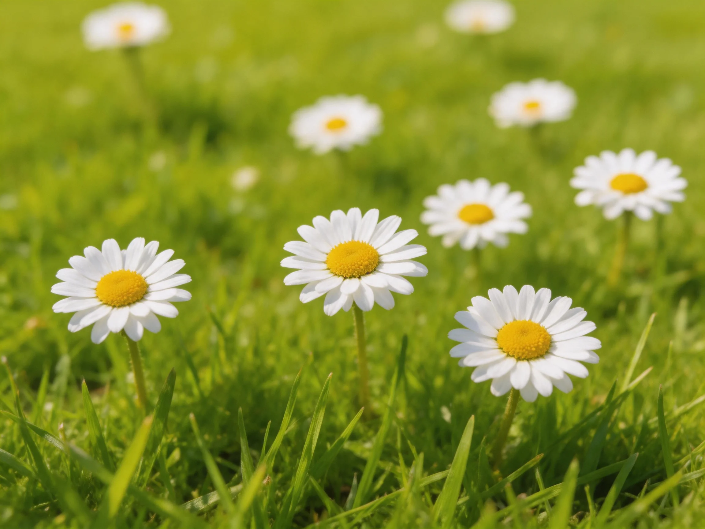 Several daisies with white petals and yellow centers bloom amid lushgreen grass.