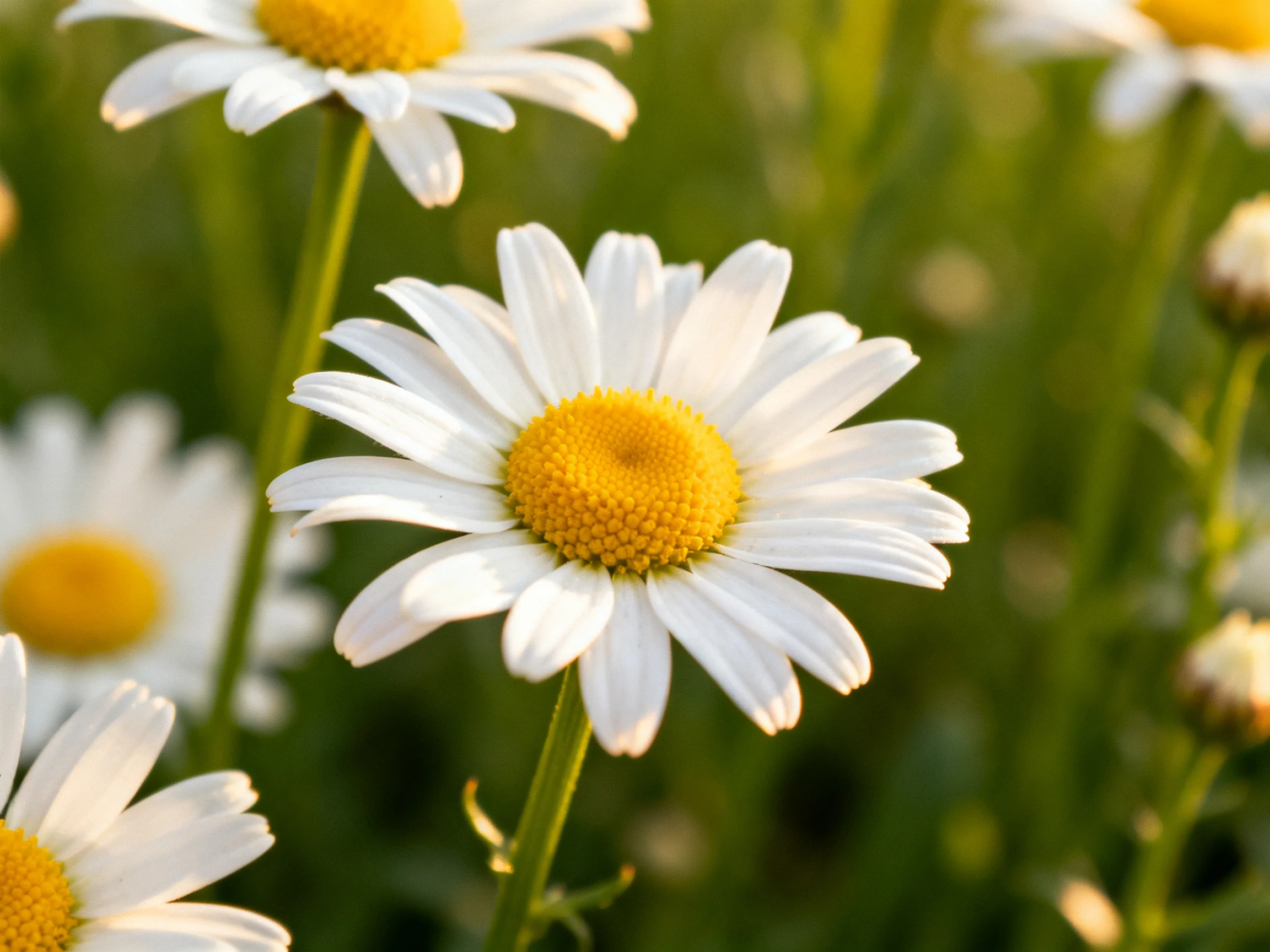 Several daisies with white petals and yellow centers bloom in a green field