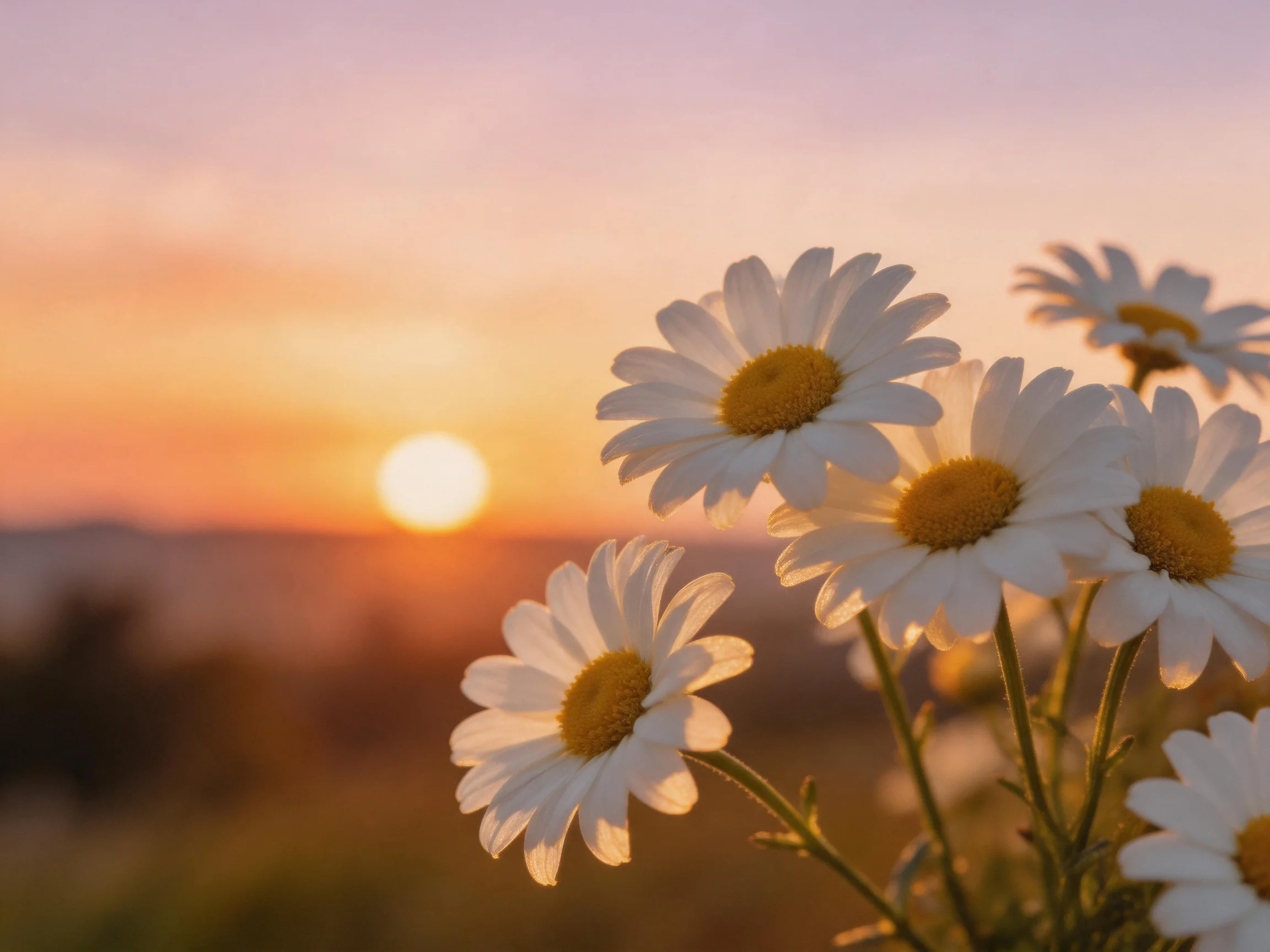 Several daisies with white petals near a glowing sunset over a hazy horizon