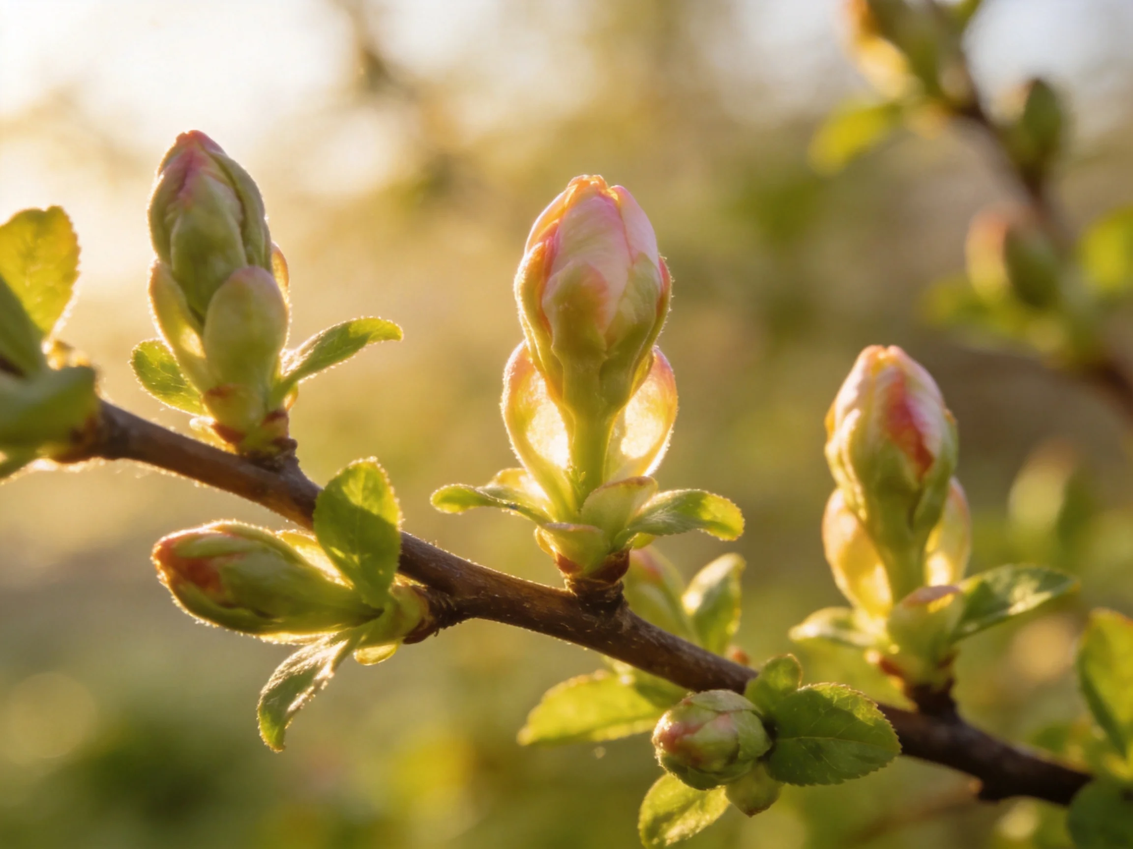 Several delicate pink flower buds on a branch with fresh green leaves