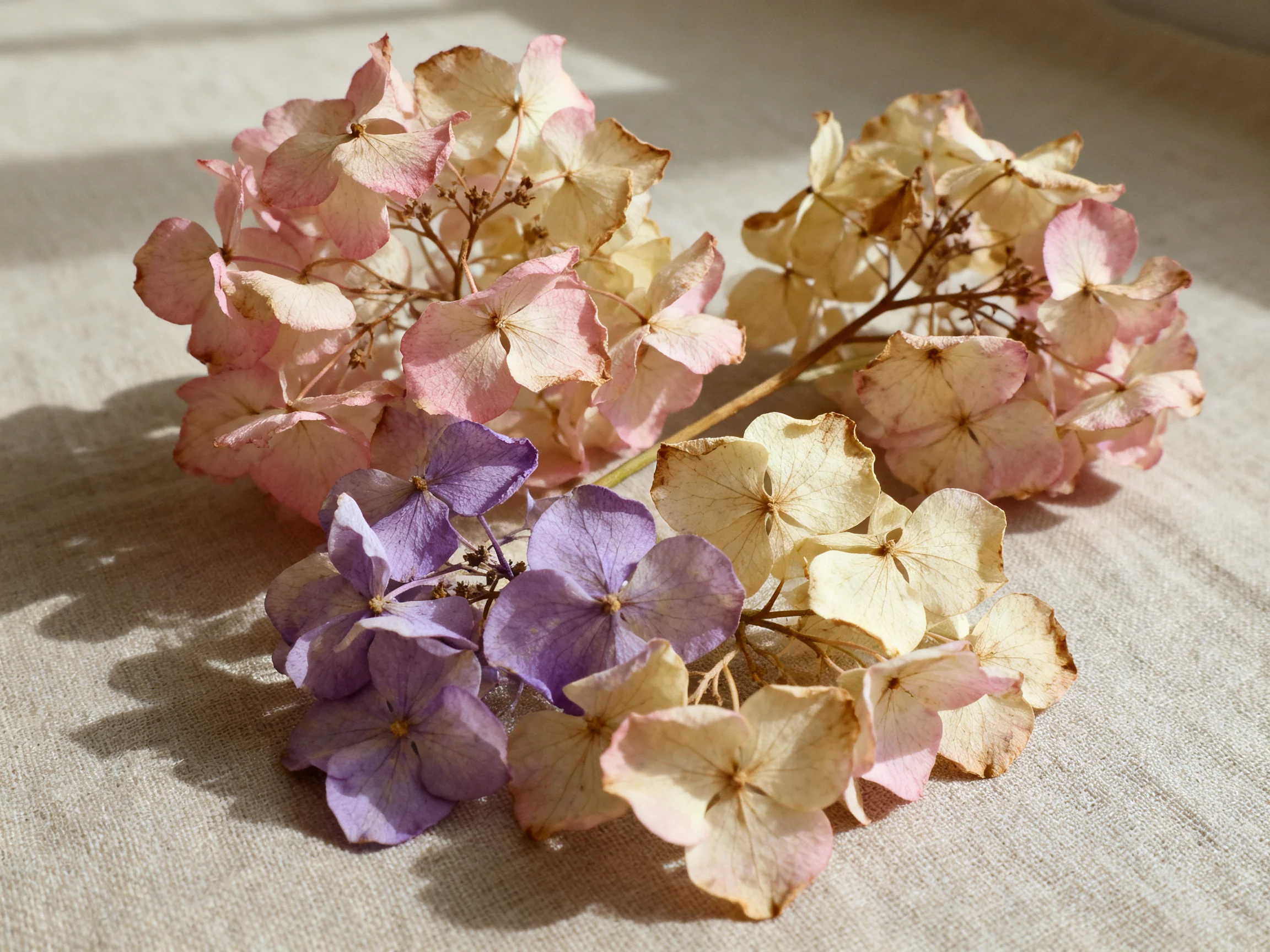 Several dried hydrangea blooms in pastel pink, beige, and purple on fabric