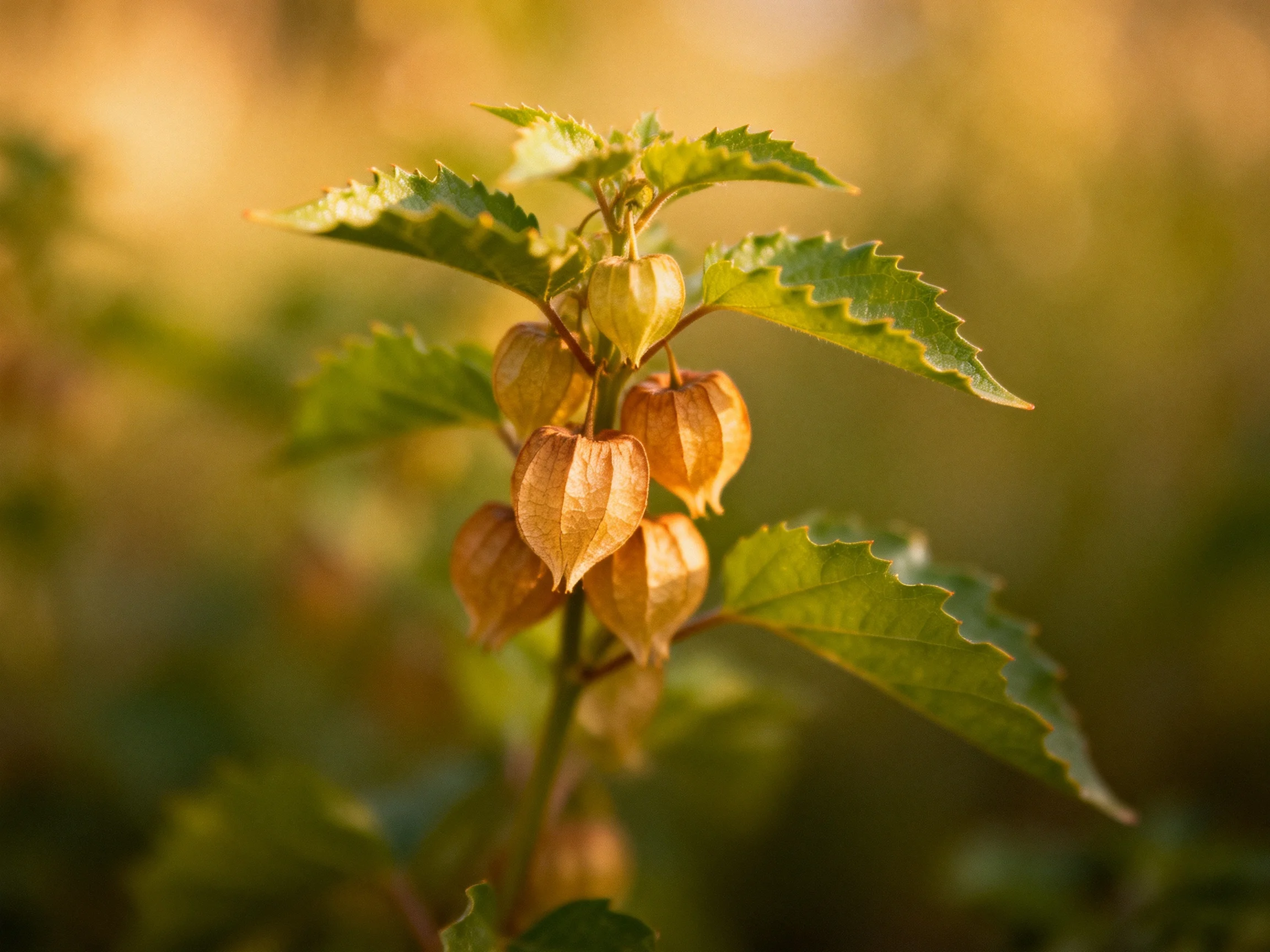Several golden lantern - shaped fruits on a plant with serrated green leaves in warm light