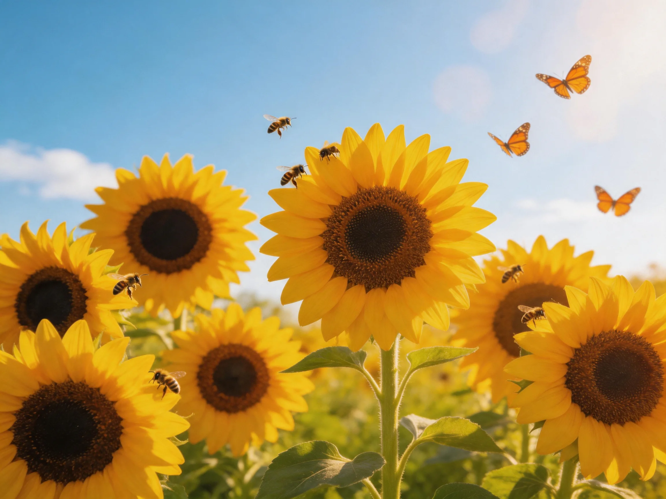 Several golden sunflowers with bees and butterflies under bright sky