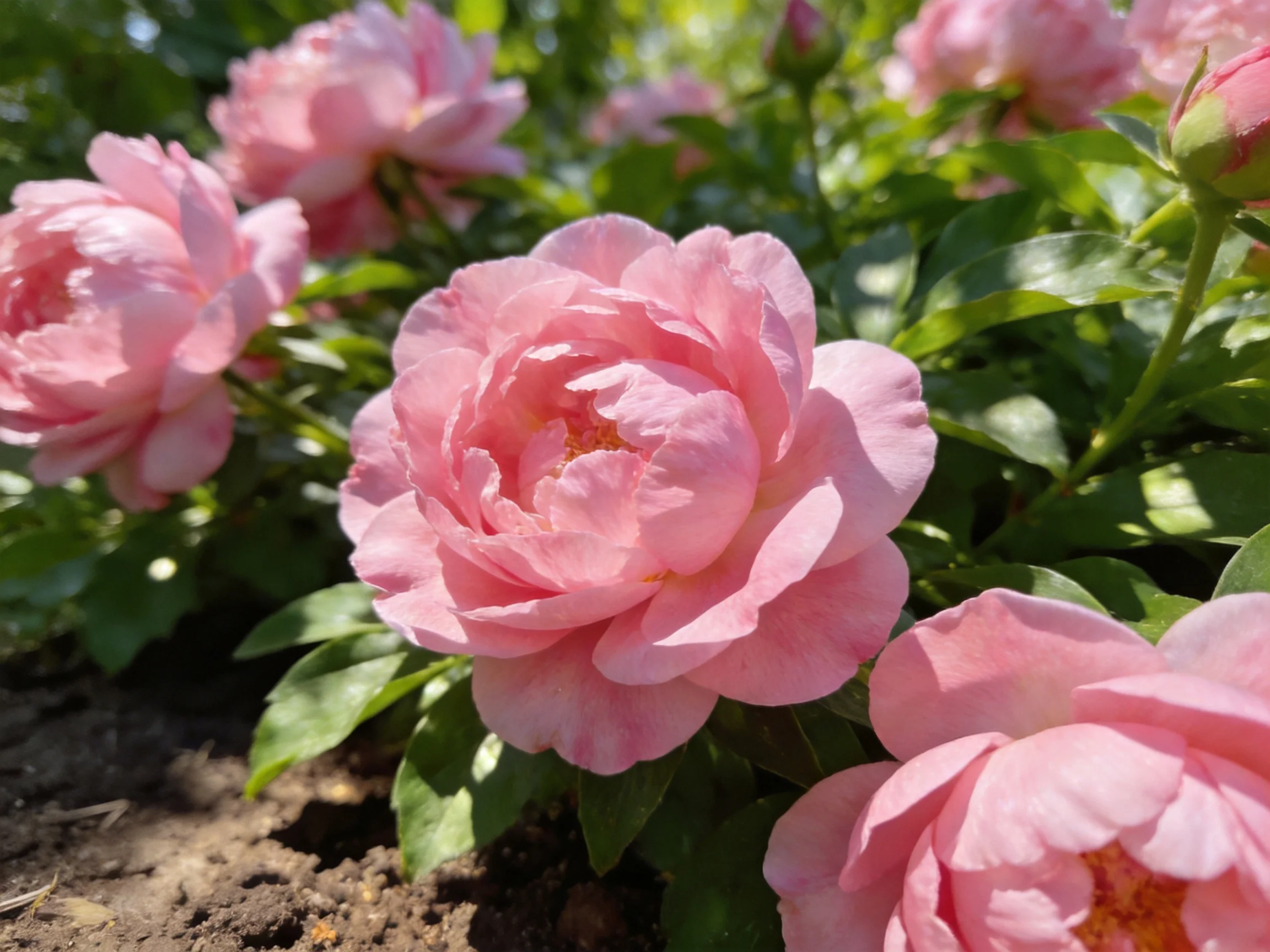 Several pink peonies bloom vibrantly among lush green foliage