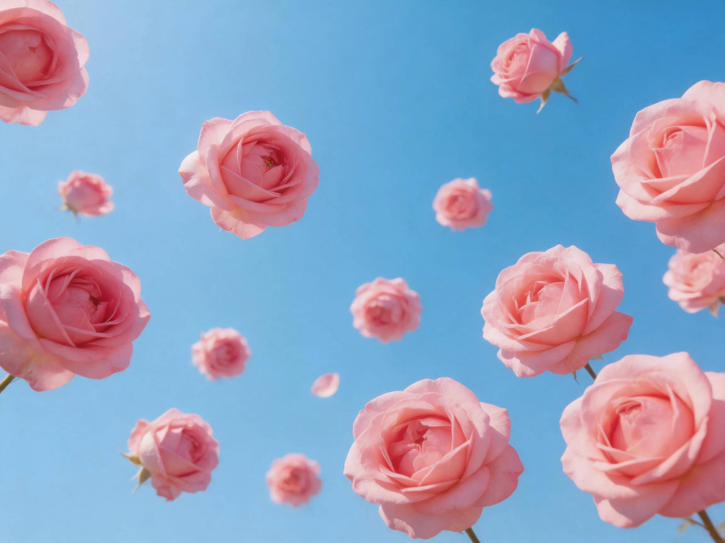 Several pink roses suspended in a bright blue sky