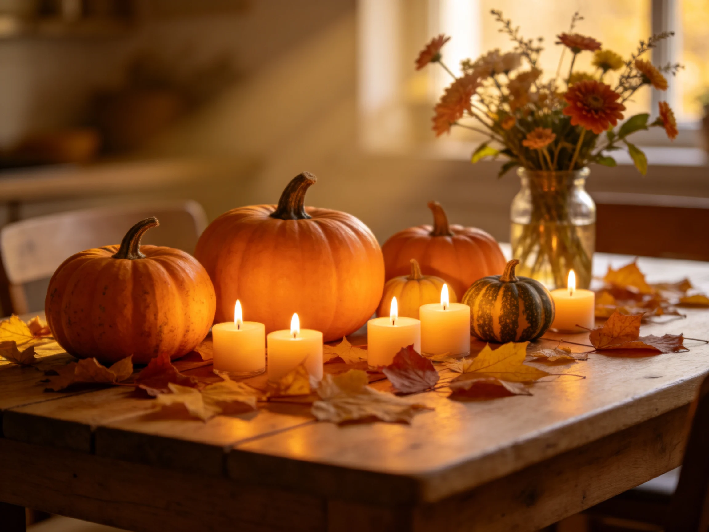 Several pumpkins, lit candles, and autumn leaves decorate a wooden table