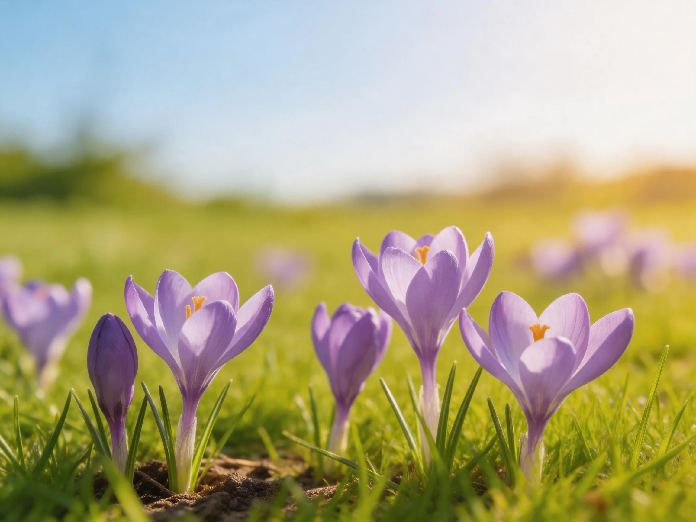 Several purple crocus flowers bloom in a sunlit meadow with green grass