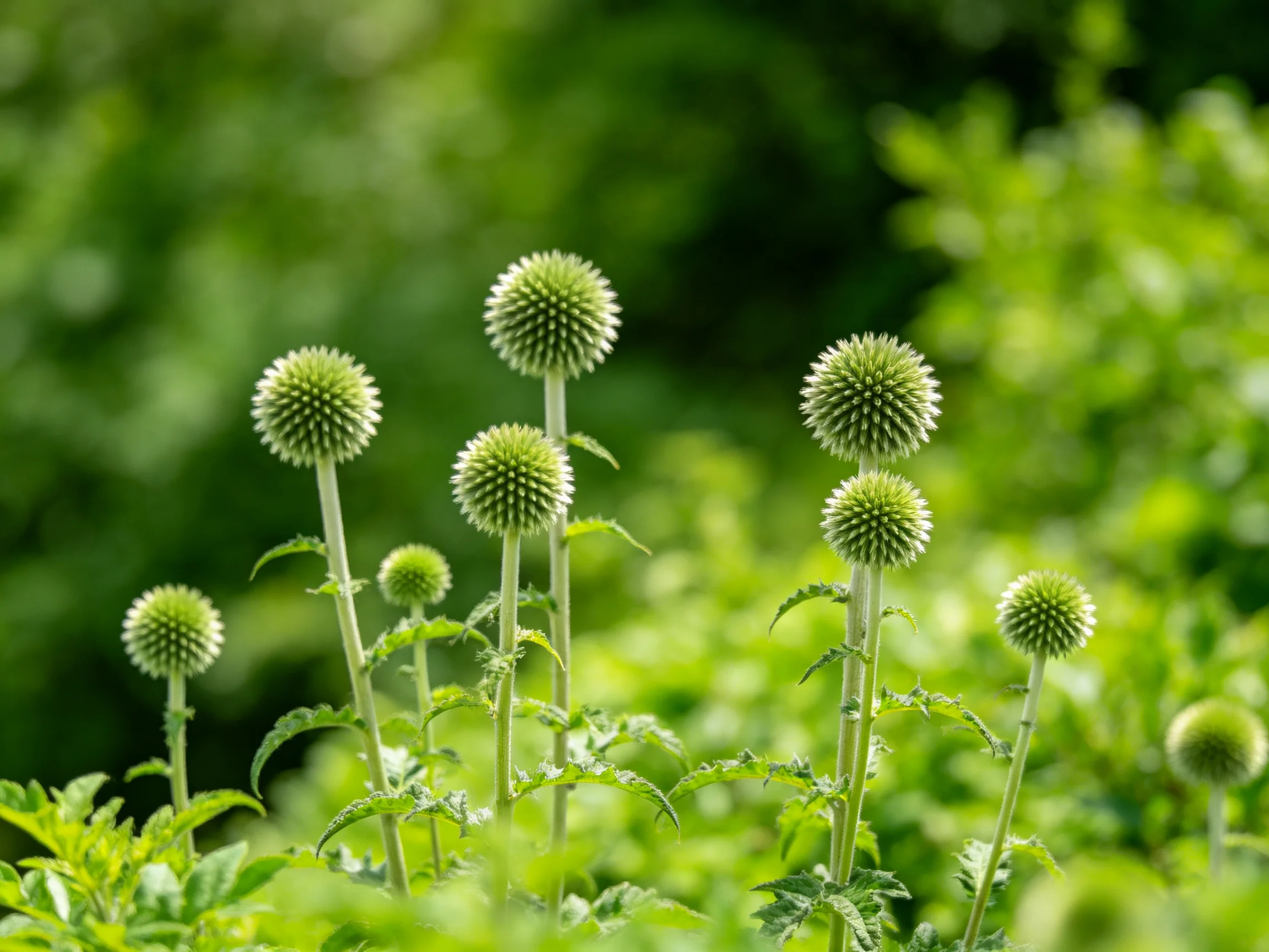 Several spherical green flower heads stand amid dense, vibrant foliage.
