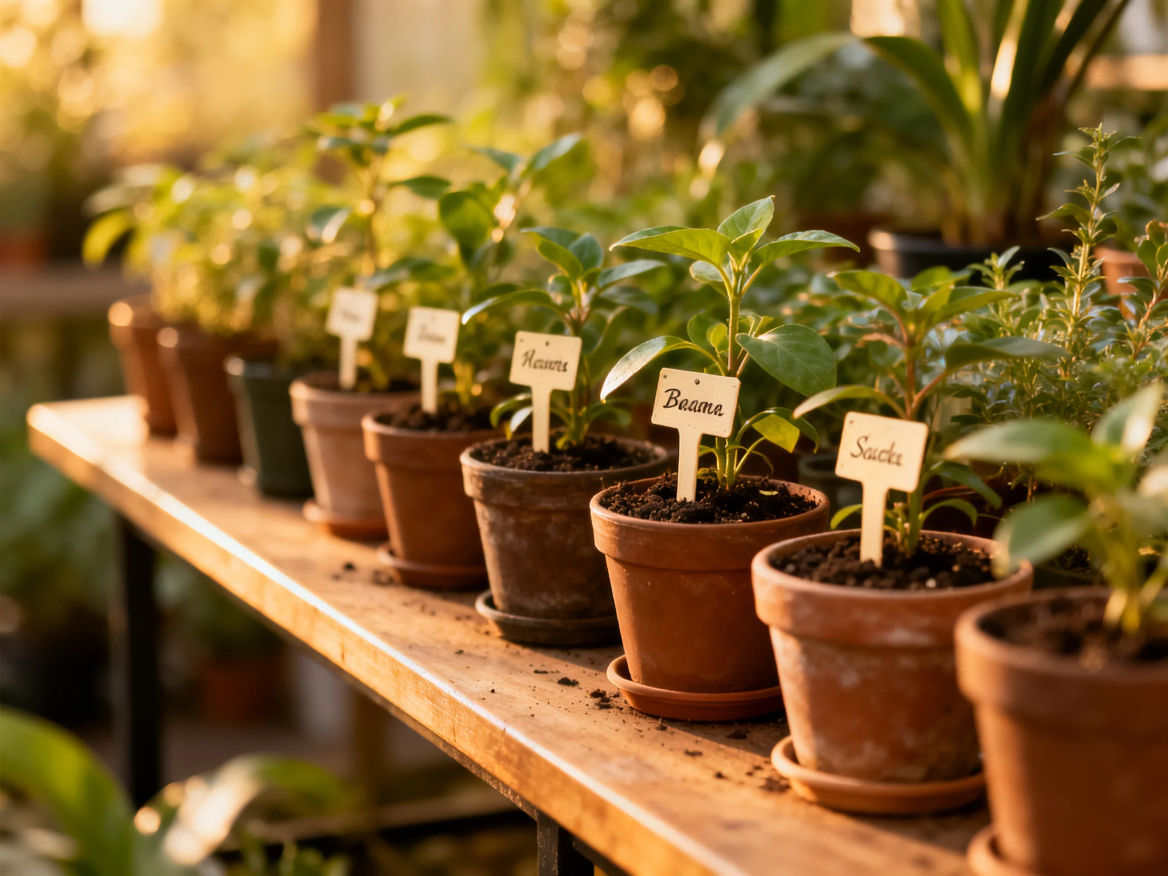 Several terracotta pots with green plants and name tags sit on a wooden shelf