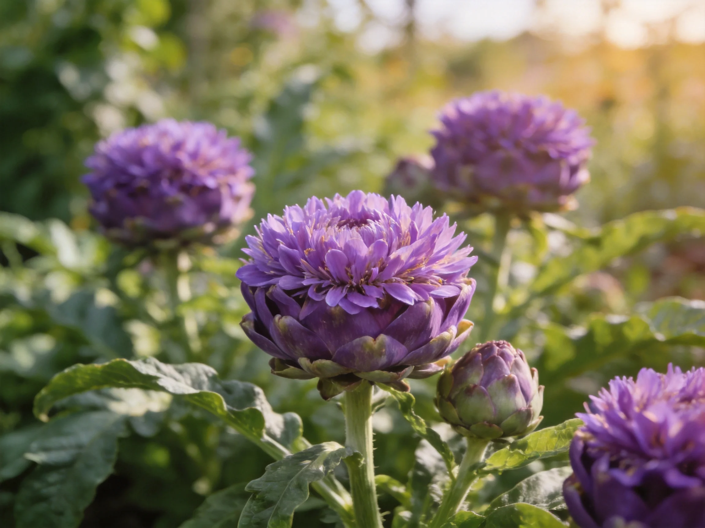 Several vibrant purple artichoke blooms in a sunlit garden