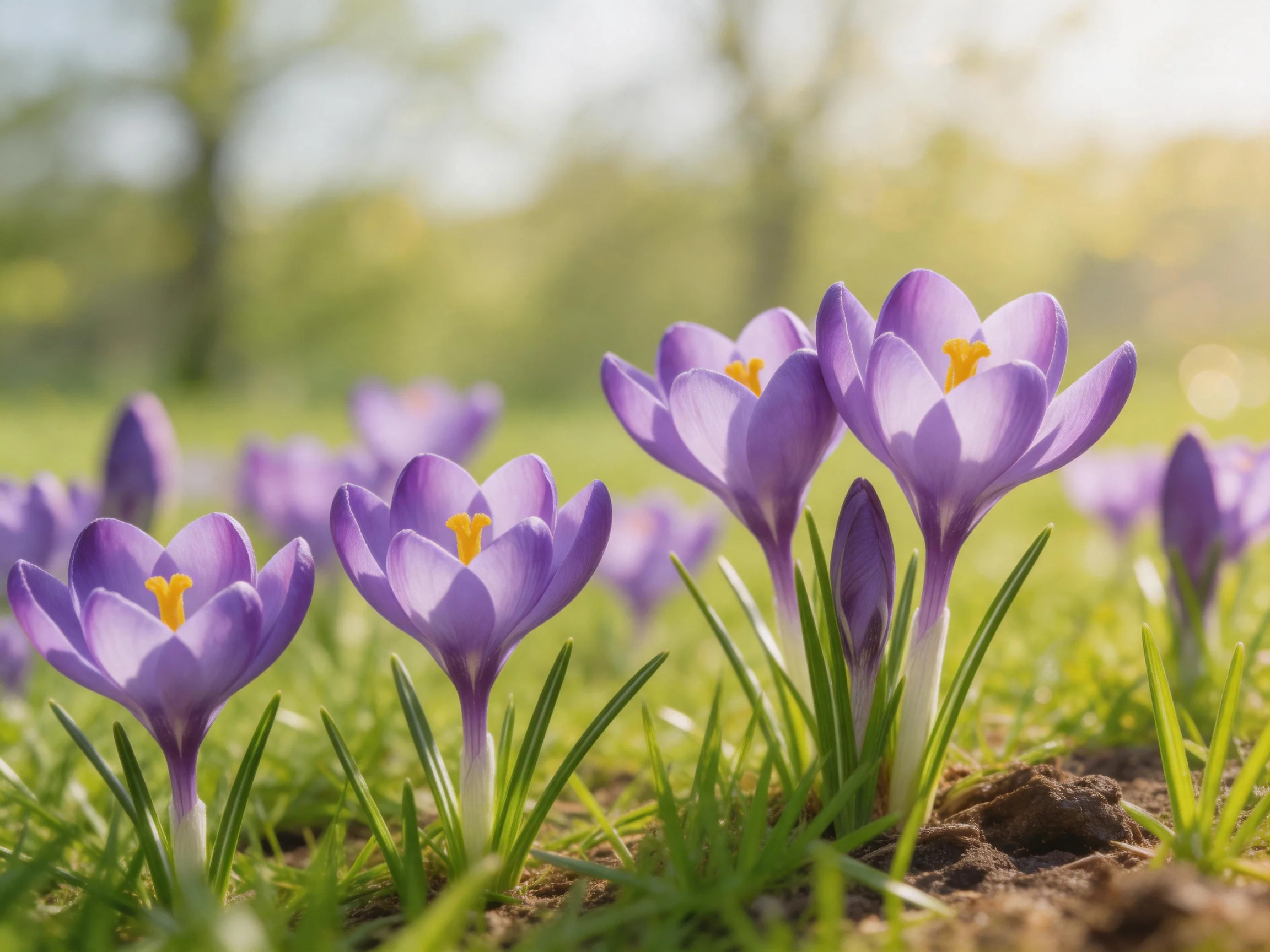 Several vibrant purple crocuses bloom among green grass and earth