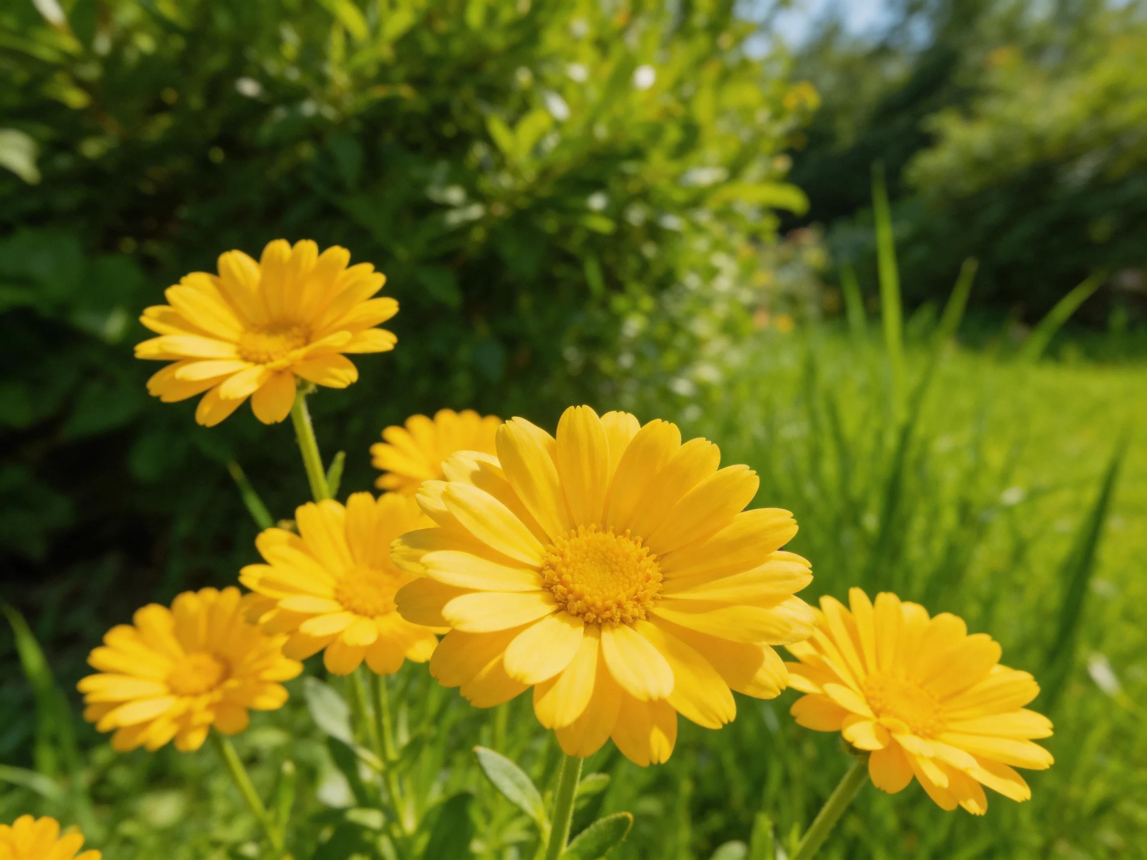 Several vibrant yellow flowers bloom among dense green foliage