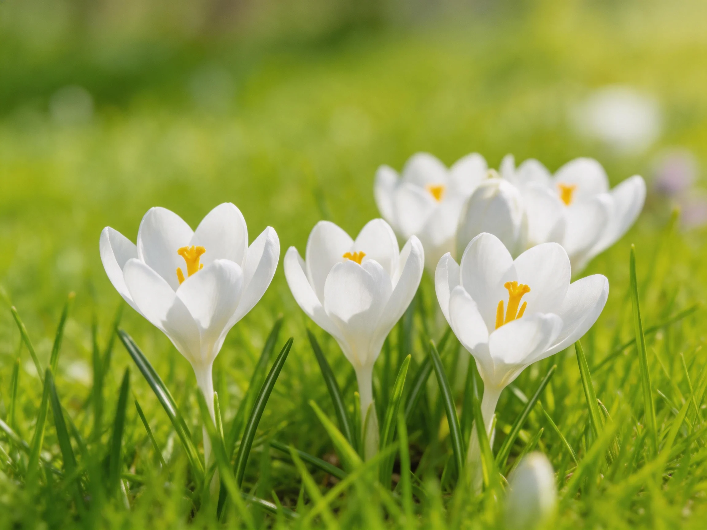 Several white crocus flowers bloom amidst bright green grass