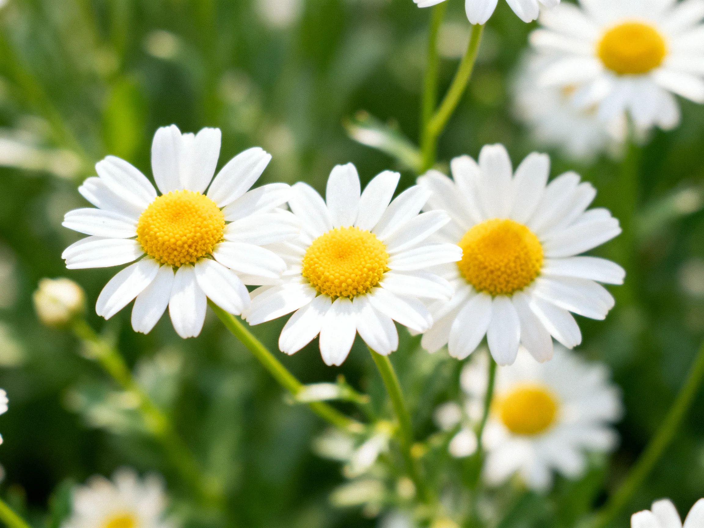 Several white daisies with bright yellow centers amid green foliage
