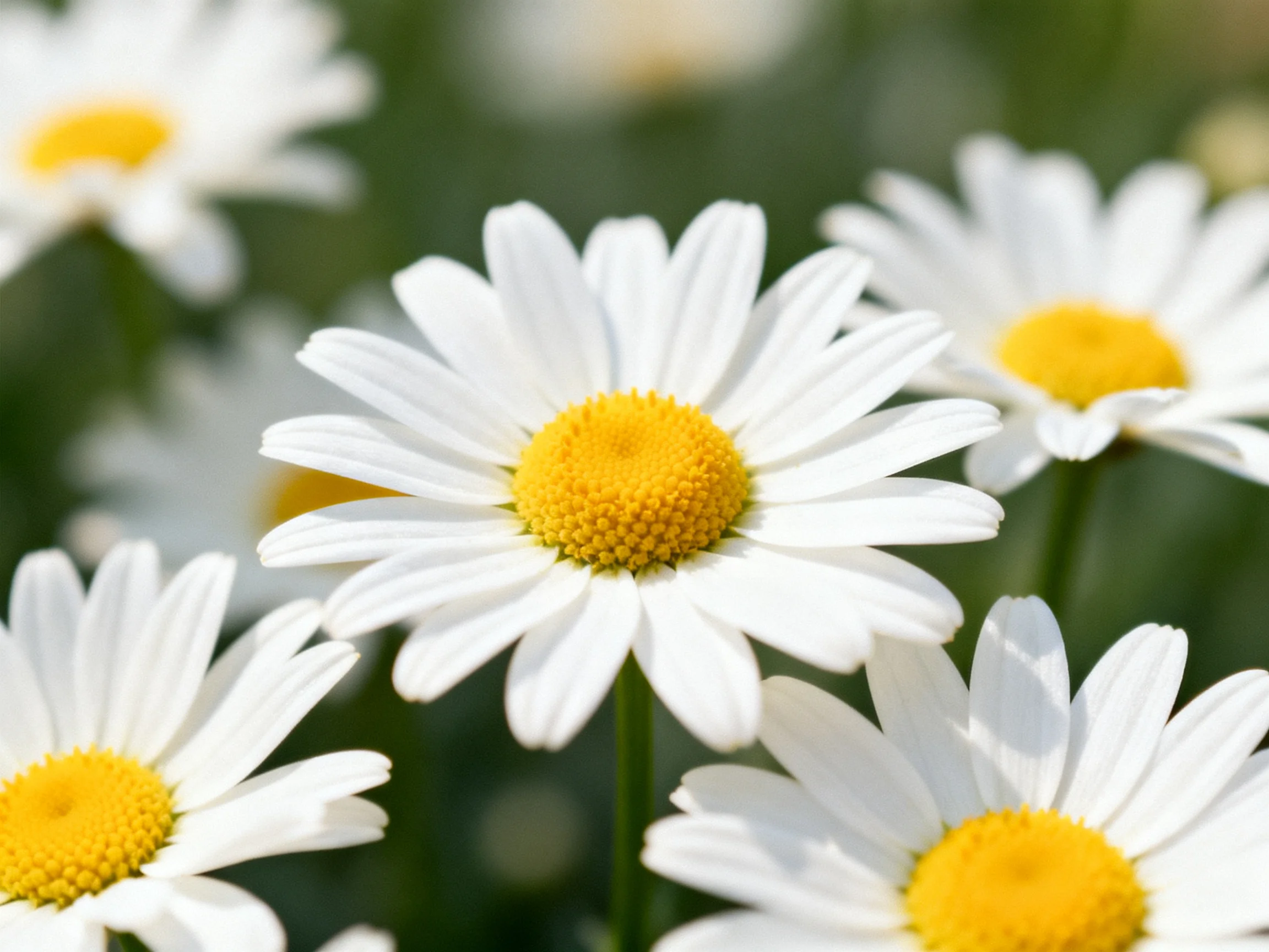 Several white daisies with bright yellow centers bloom in a softly blurred garden