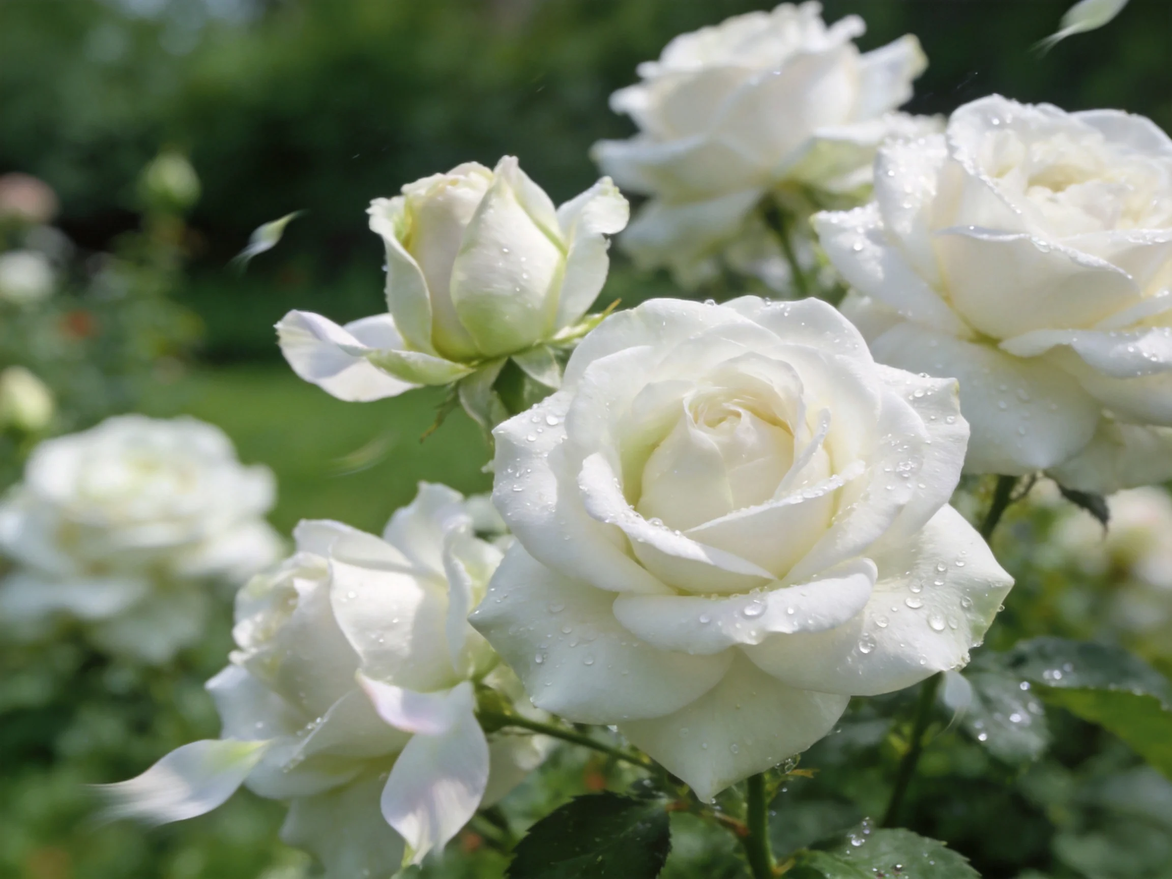 Several white roses with dew drops in a verdant garden