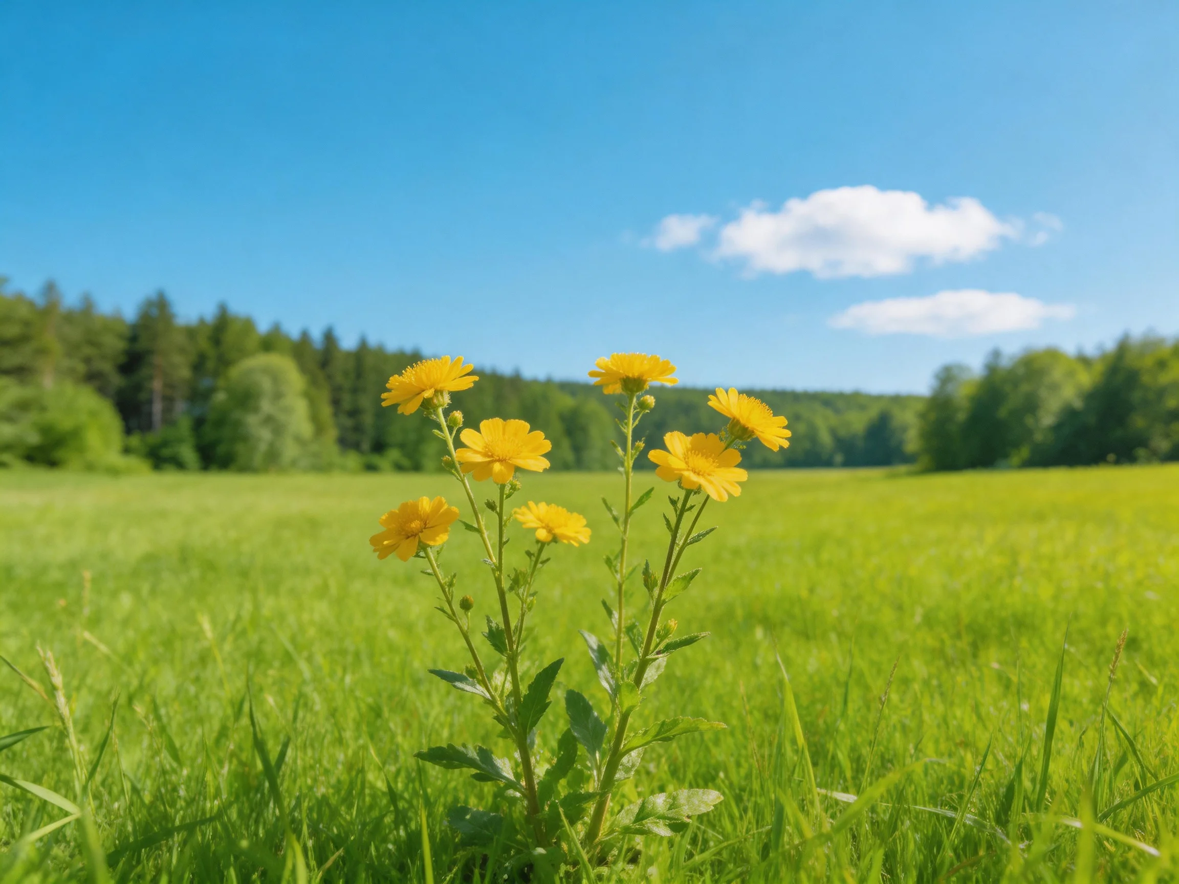 Several yellow wildflowers bloom in a lush green meadow near forest and blue sky