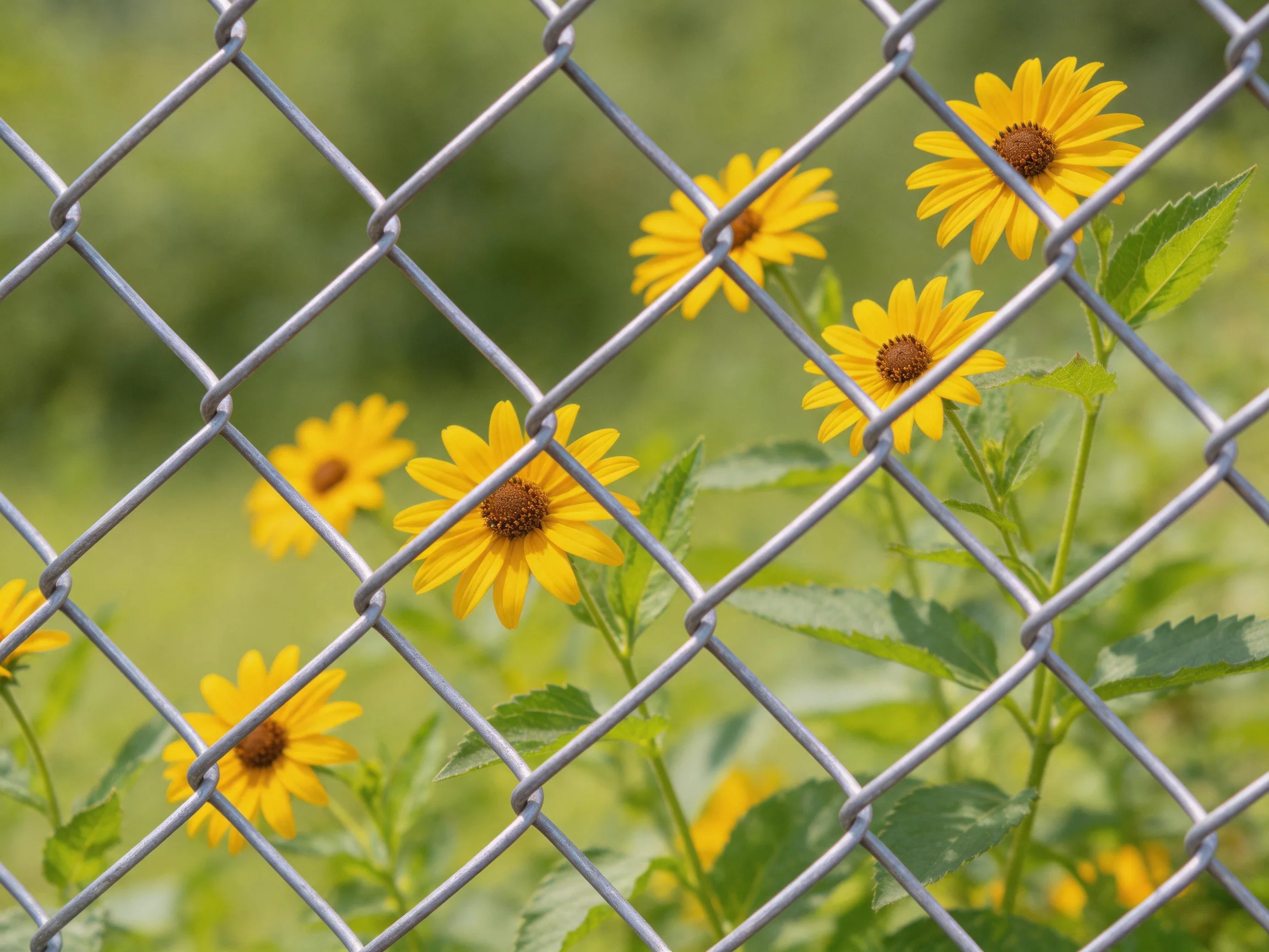 Several yellow wildflowers near a silver chain-link fence