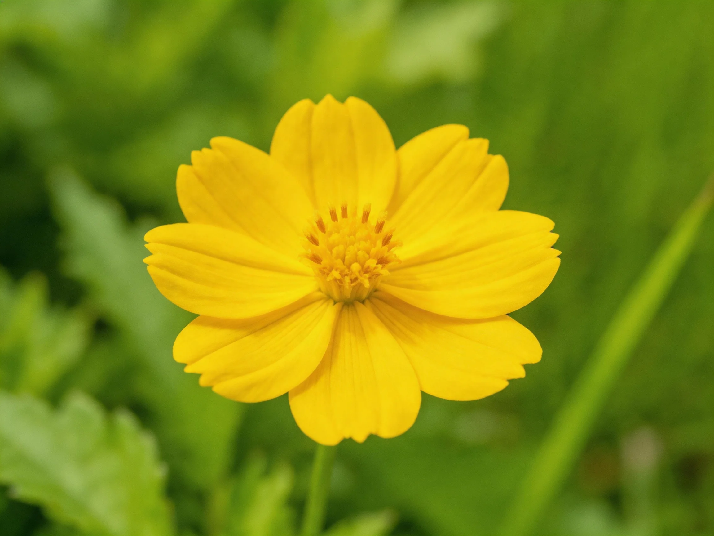Single bright yellow flower centered amid lush green foliage
