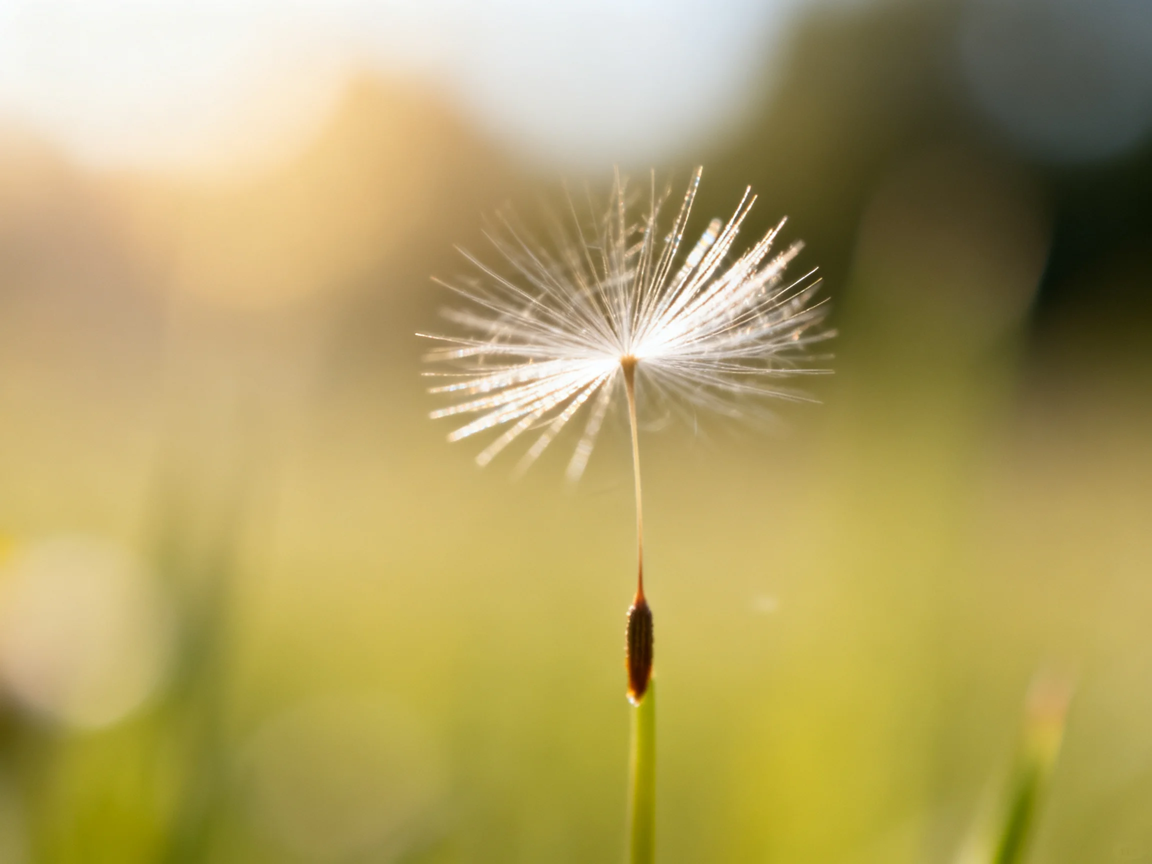 Single dandelion seed head with feathery seeds and green stem