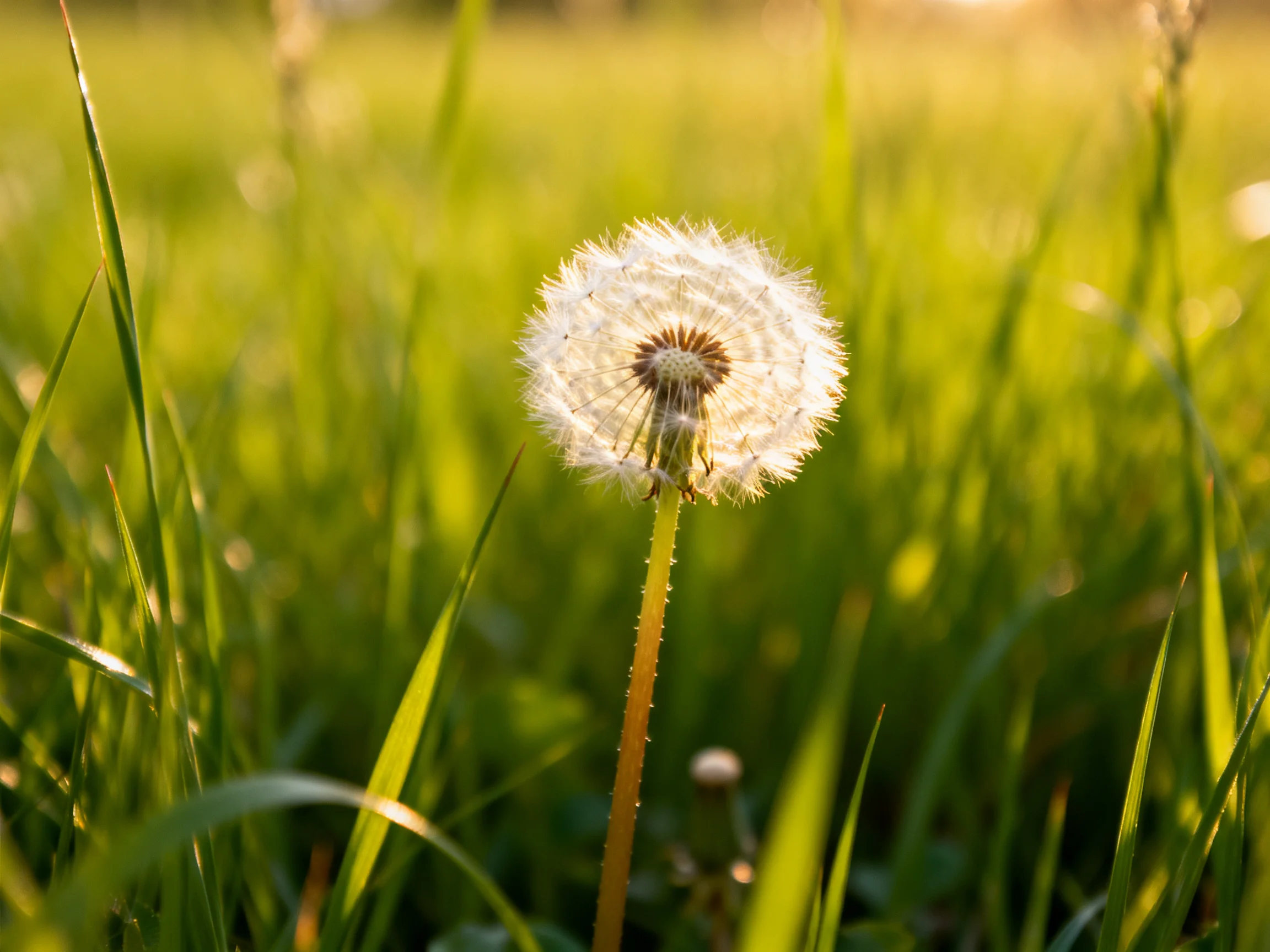 Single mature dandelion in lush green grasses bathed in golden light