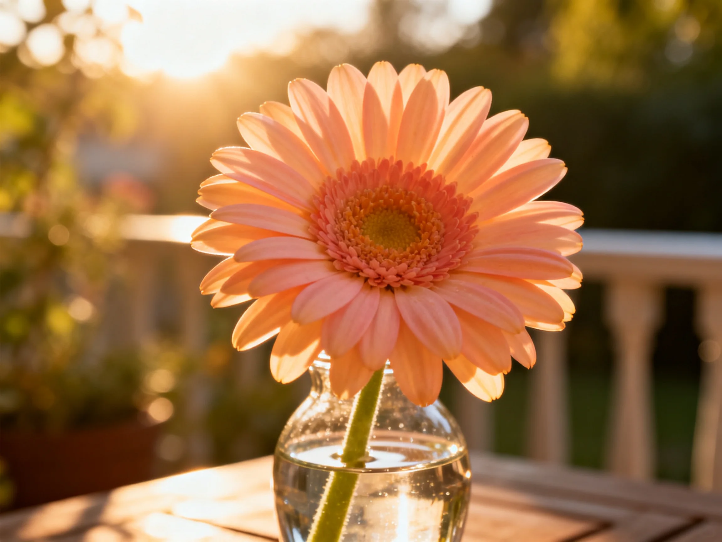 Single peach-hued gerbera daisy in a clear glass vase outdoors