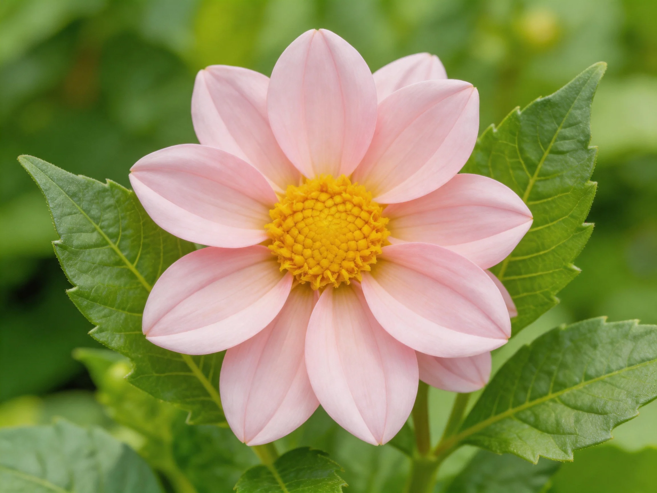 Single pink dahlia with bright yellow center and lush green foliage
