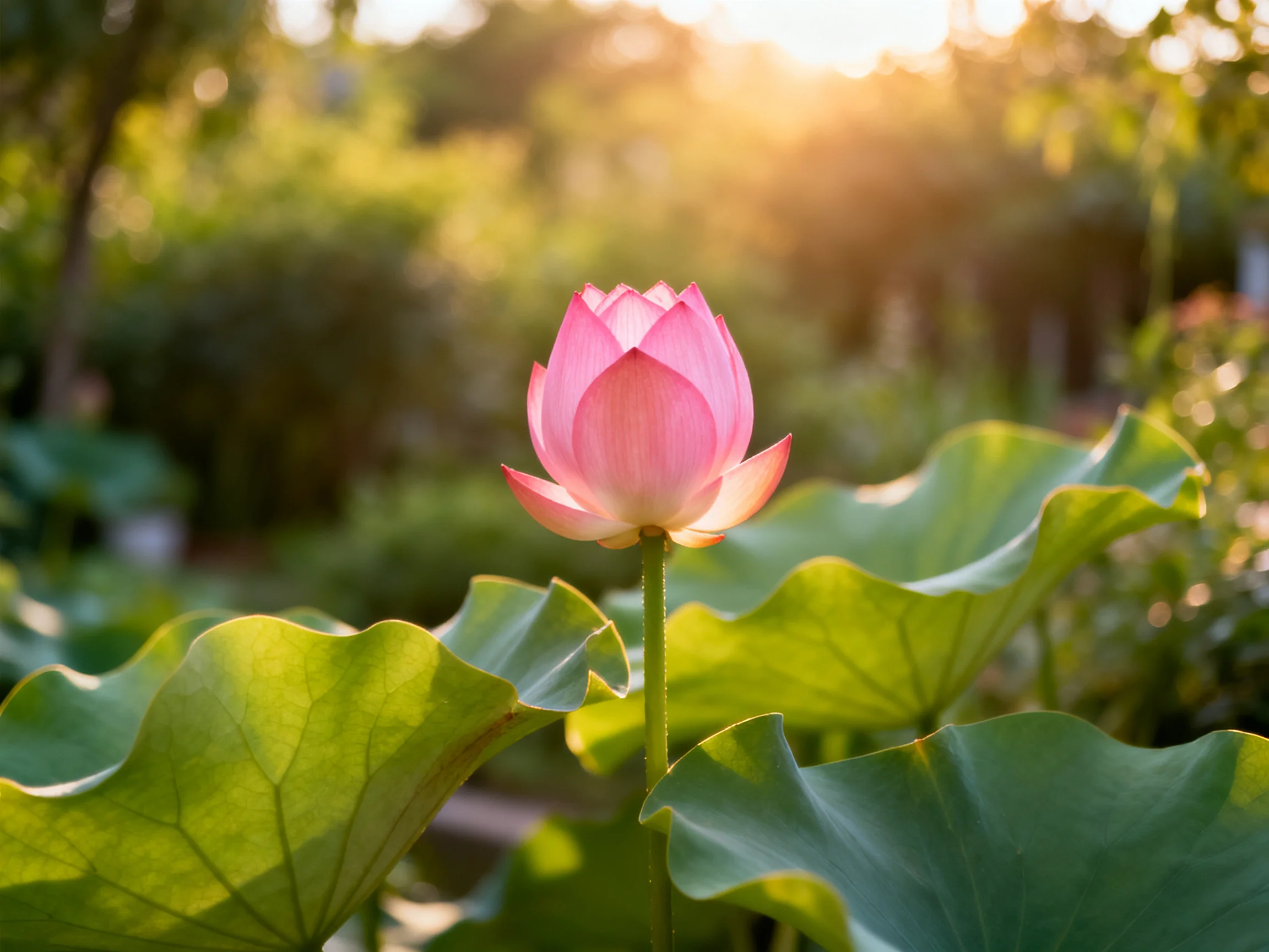 Single pink lotus blooms among large green leaves in sunlit garden