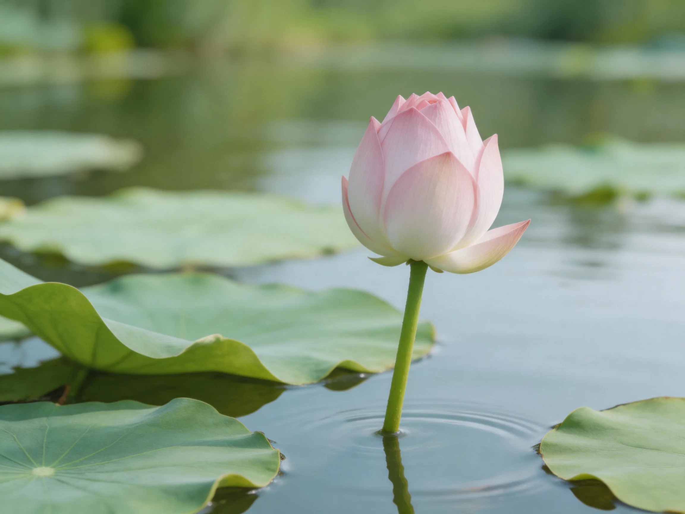 Single pink lotus bud emerging from calm water among green lily pads