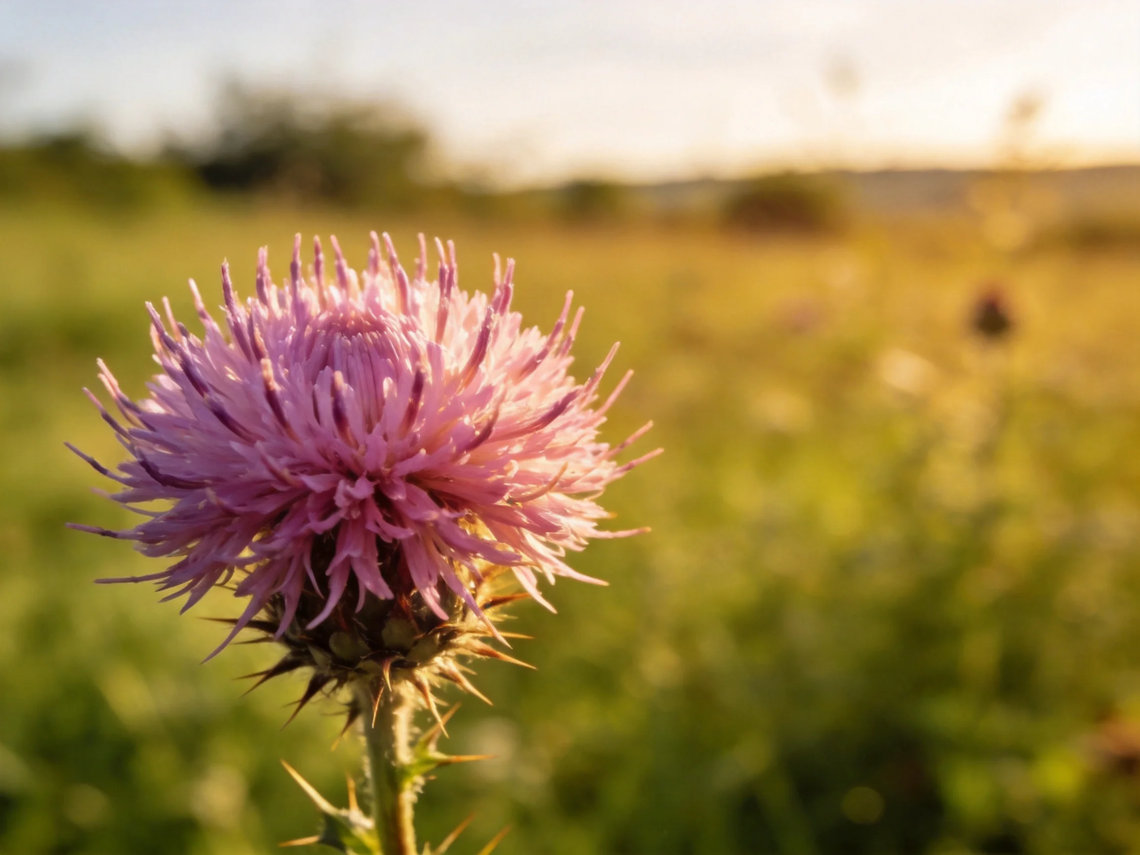 Single pink thistle flower in sun-drenched meadow