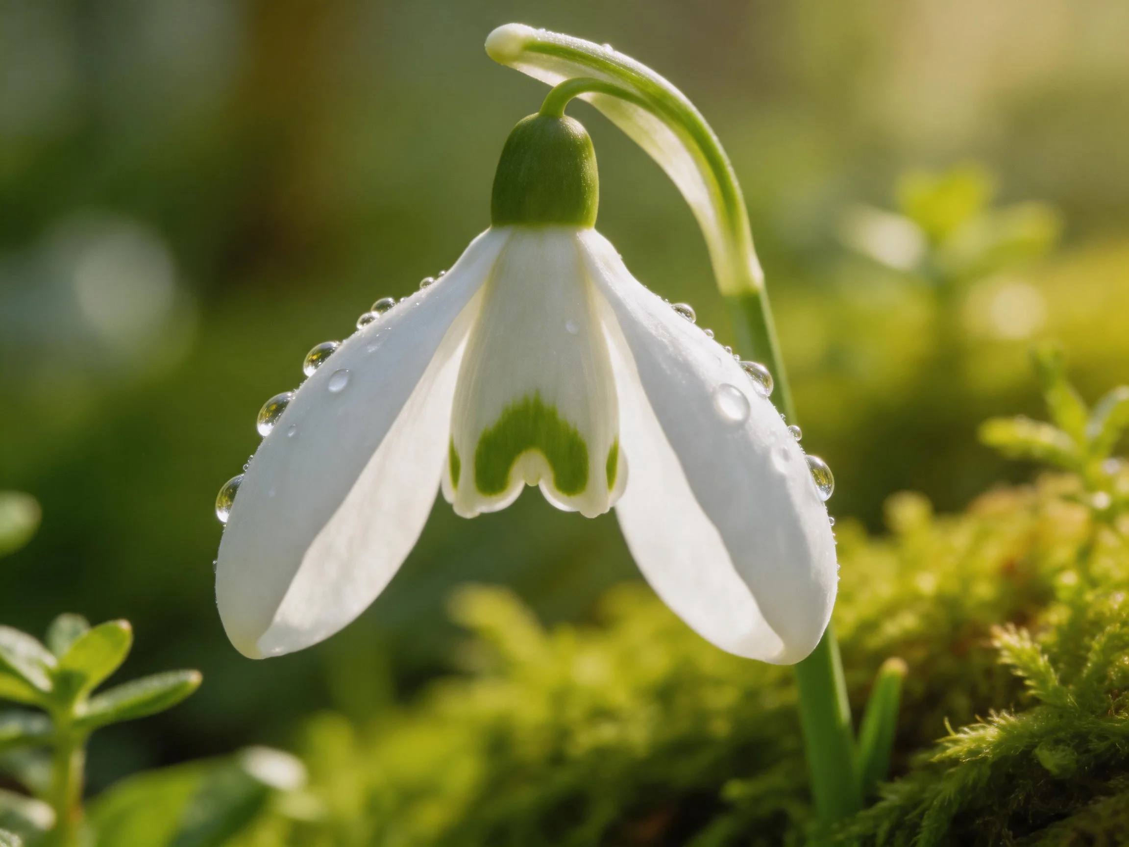 Single snowdrop flower with green markings, dew drops, and mossy surroundings