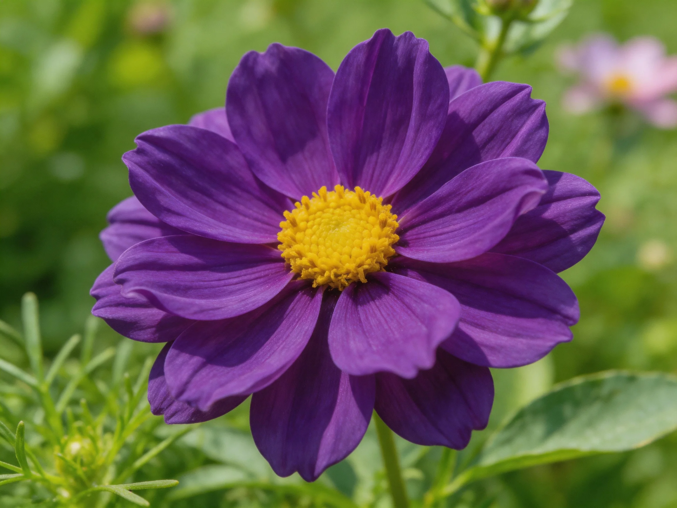 Single vibrant purple cosmos flower with bright yellow center