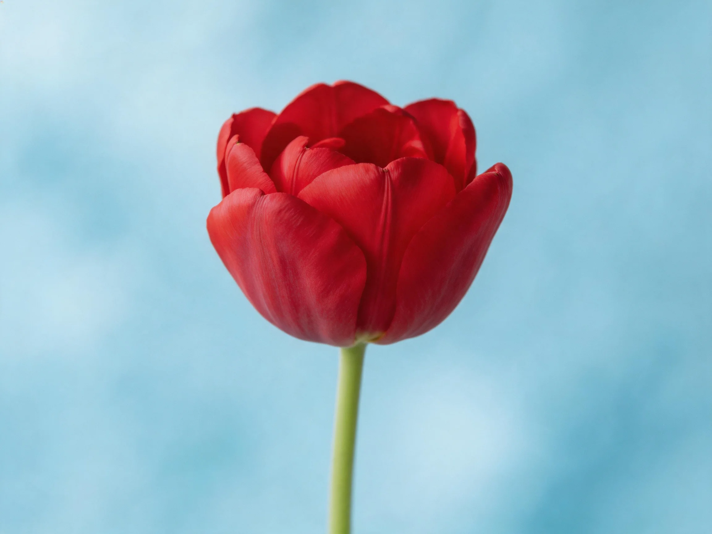 Single vibrant red tulip with a long green stem against a soft blue backdrop