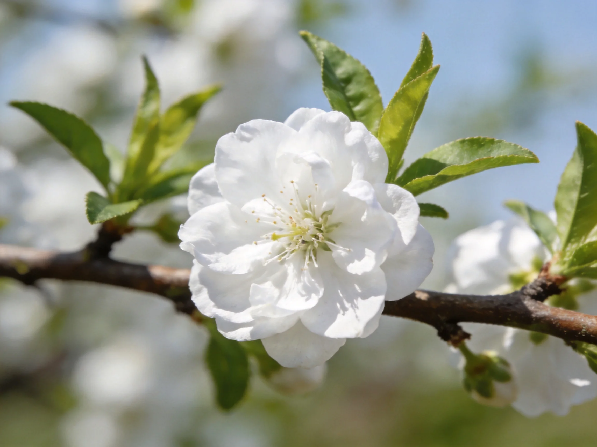 Single white cherry blossom blooms on brown branch with green leaves