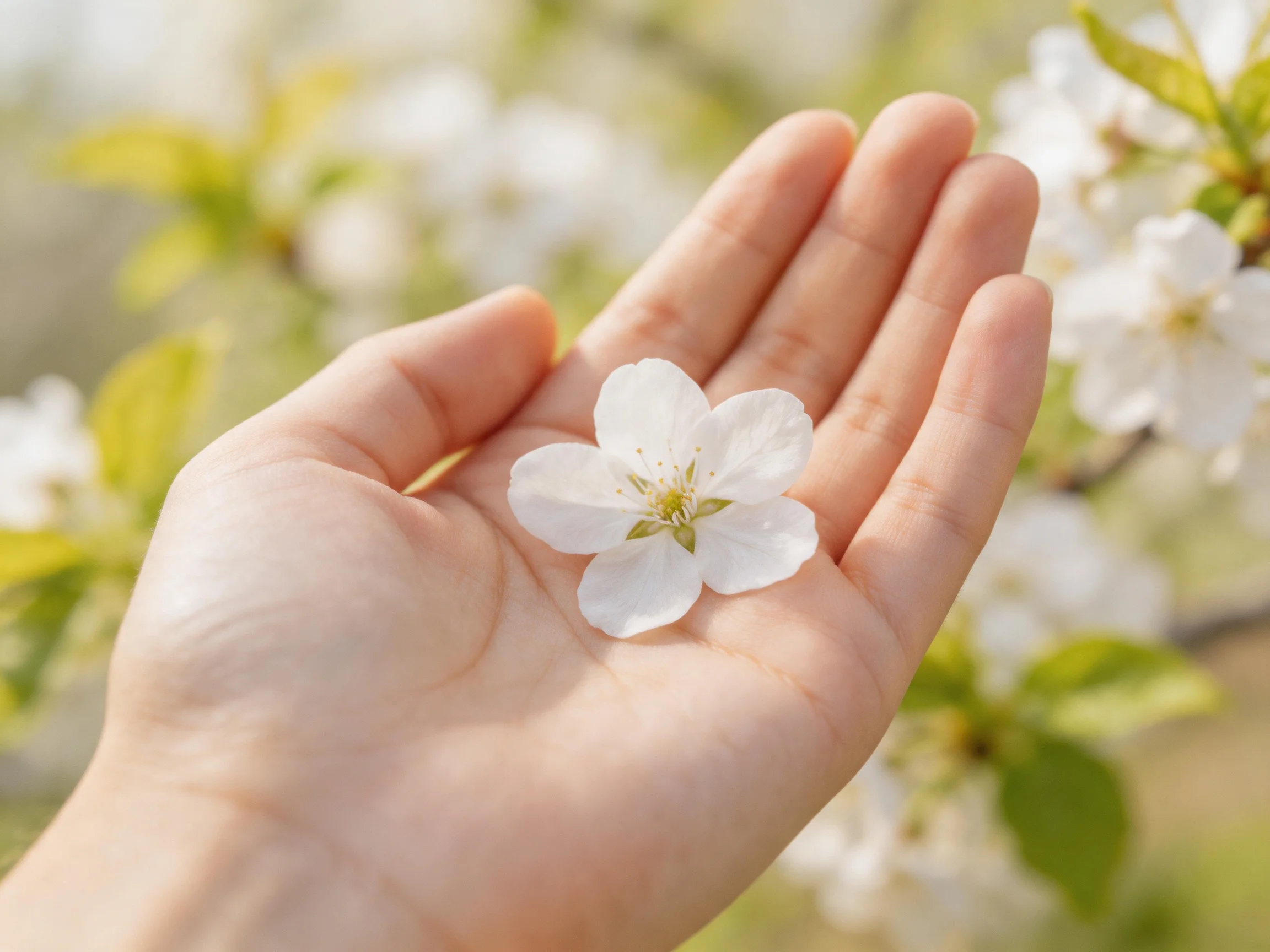Single white cherry blossom in outstretched hand with blooming branches