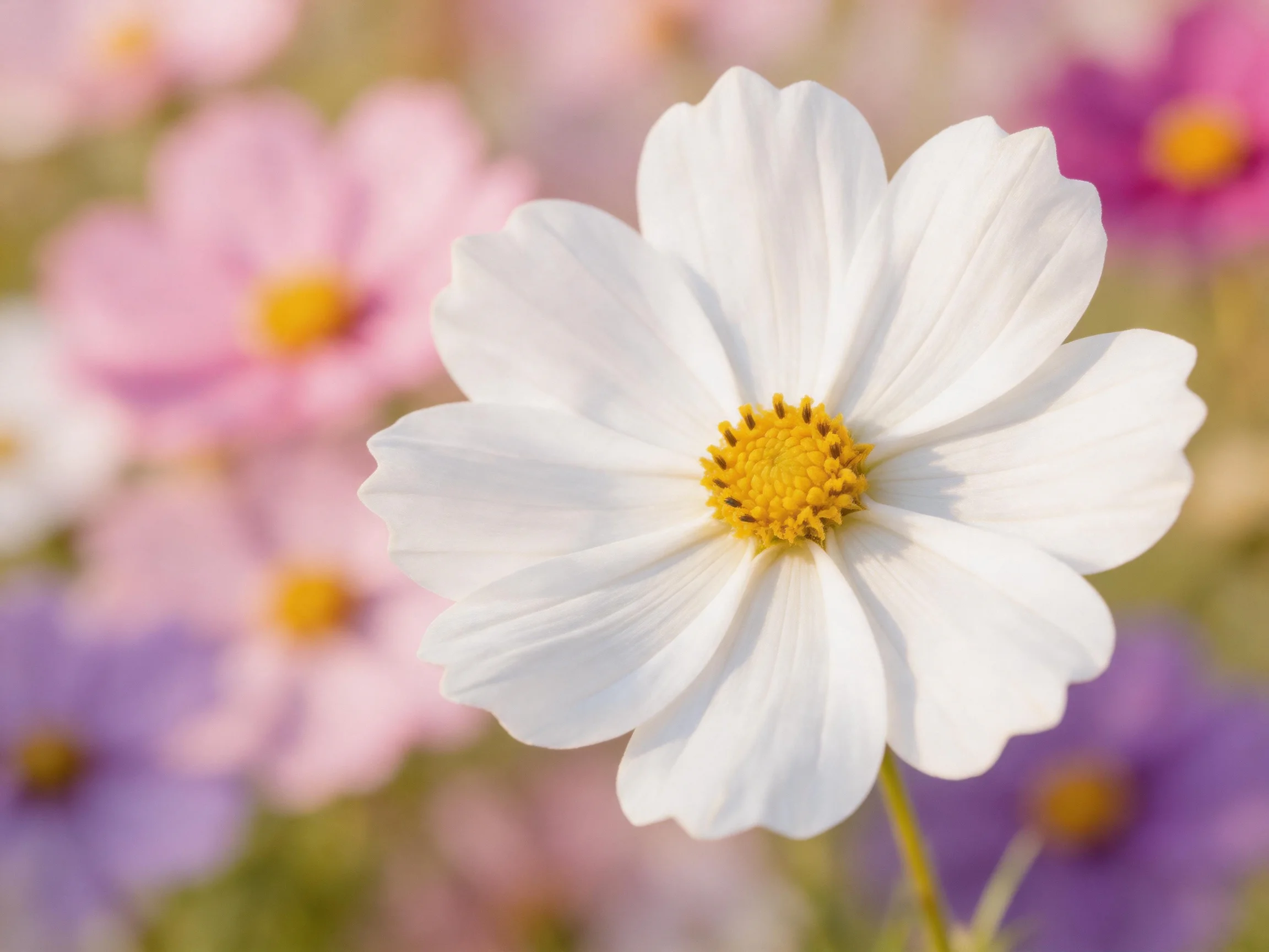 Single white cosmos flower with yellow center amid colored blooms
