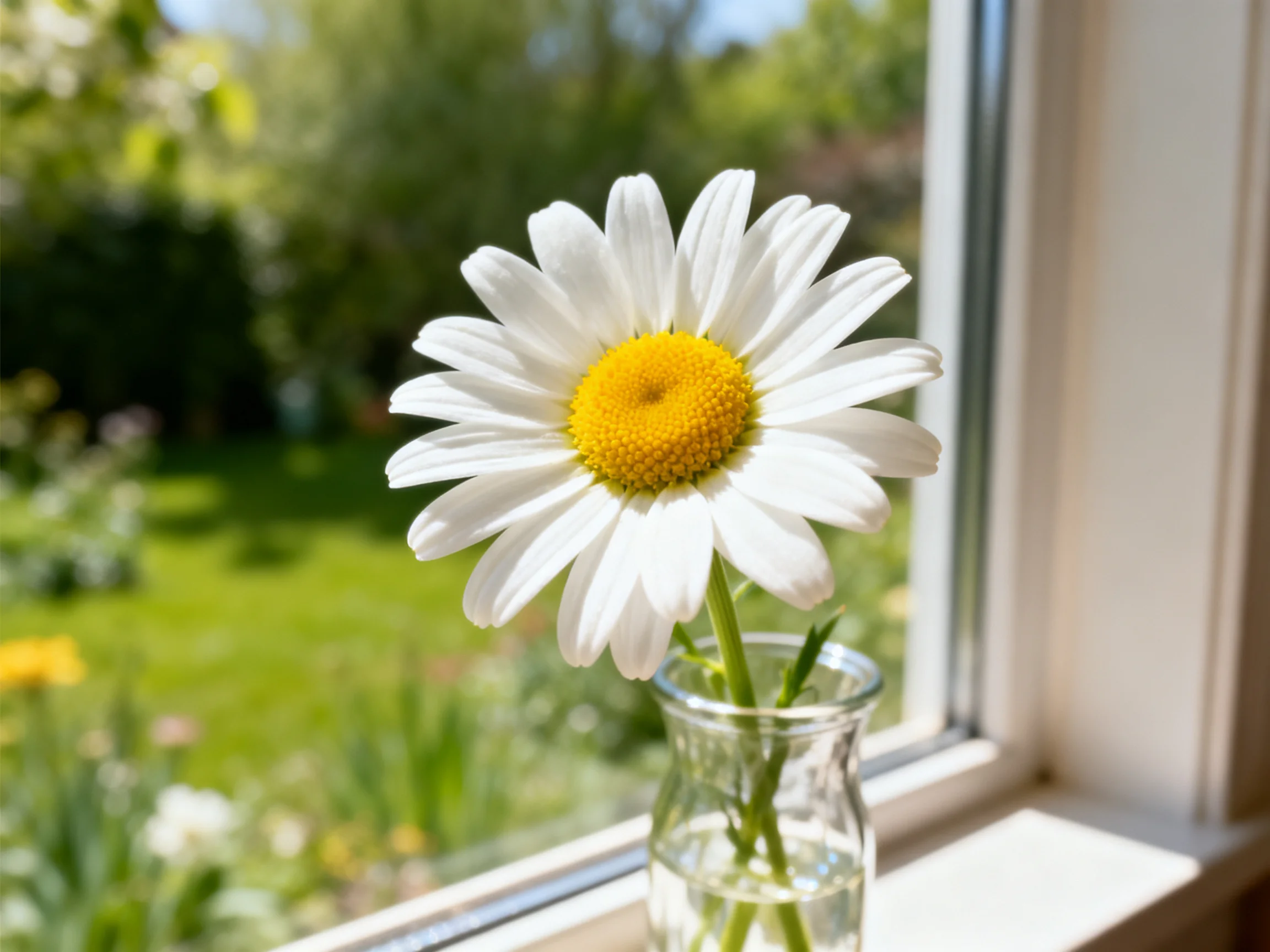 Single white daisy in glass vase by open window with green garden