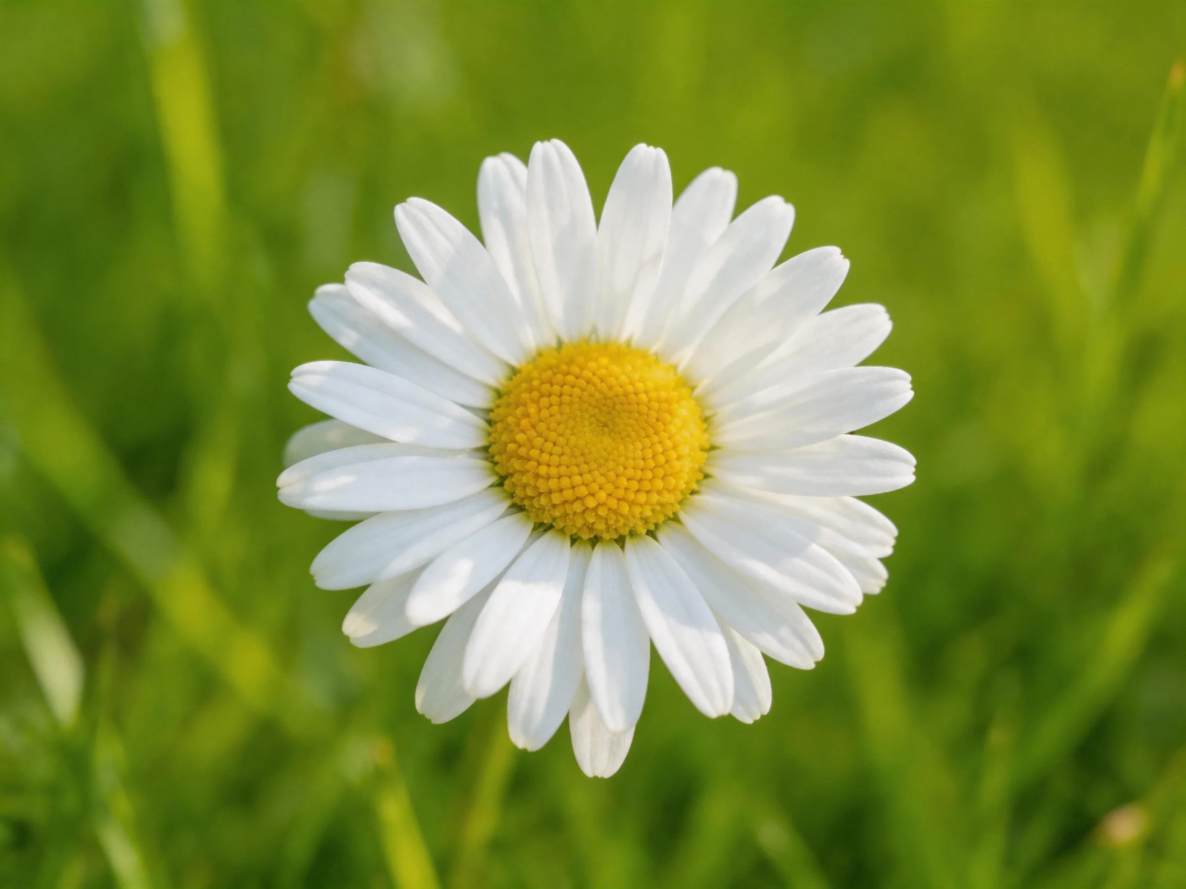 Single white daisy with yellow center amid green grass
